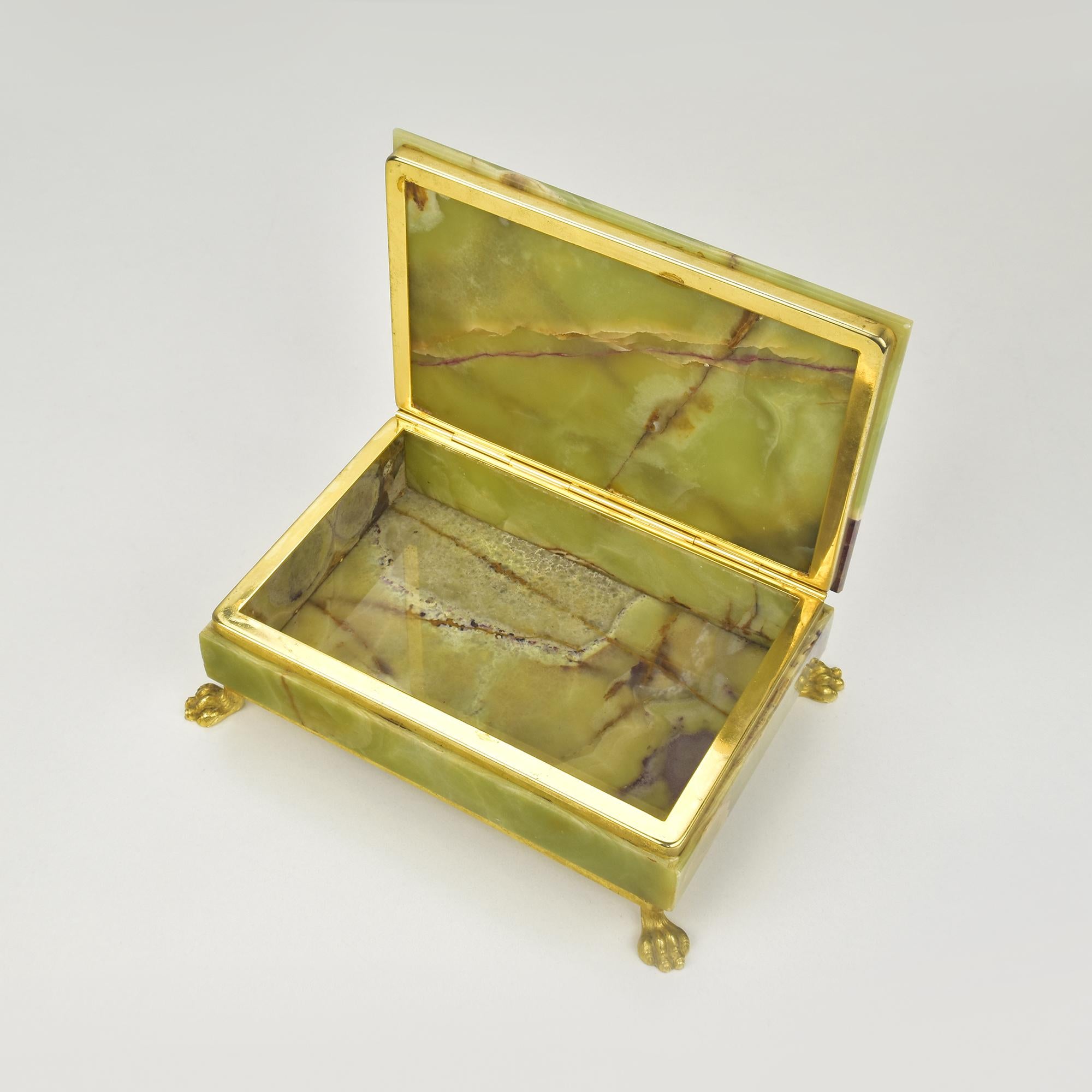 Mid-Century Modern Italian Green Onyx Marble Stone Jewelry Box with Lion Feet
