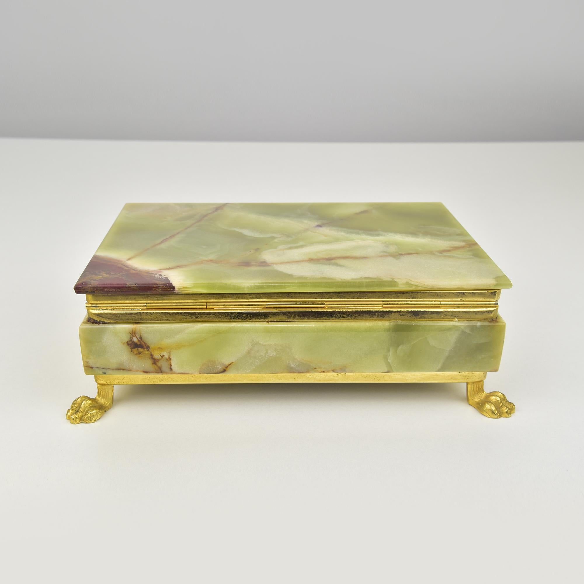 Hand-Crafted Italian Green Onyx Marble Stone Jewelry Box with Lion Feet