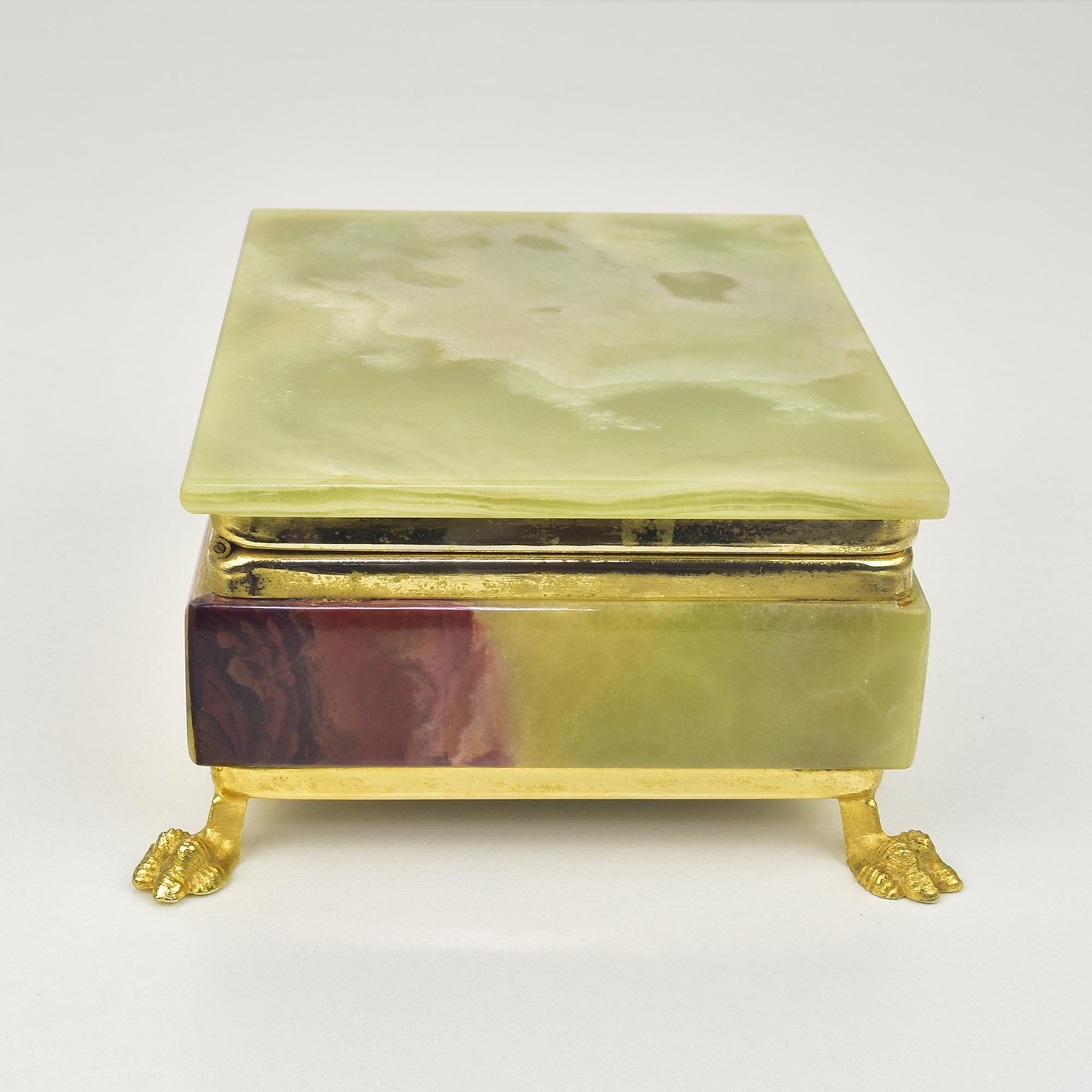 Hand-Crafted Italian Green Onyx Marble Stone Jewelry Box with Lion Feet
