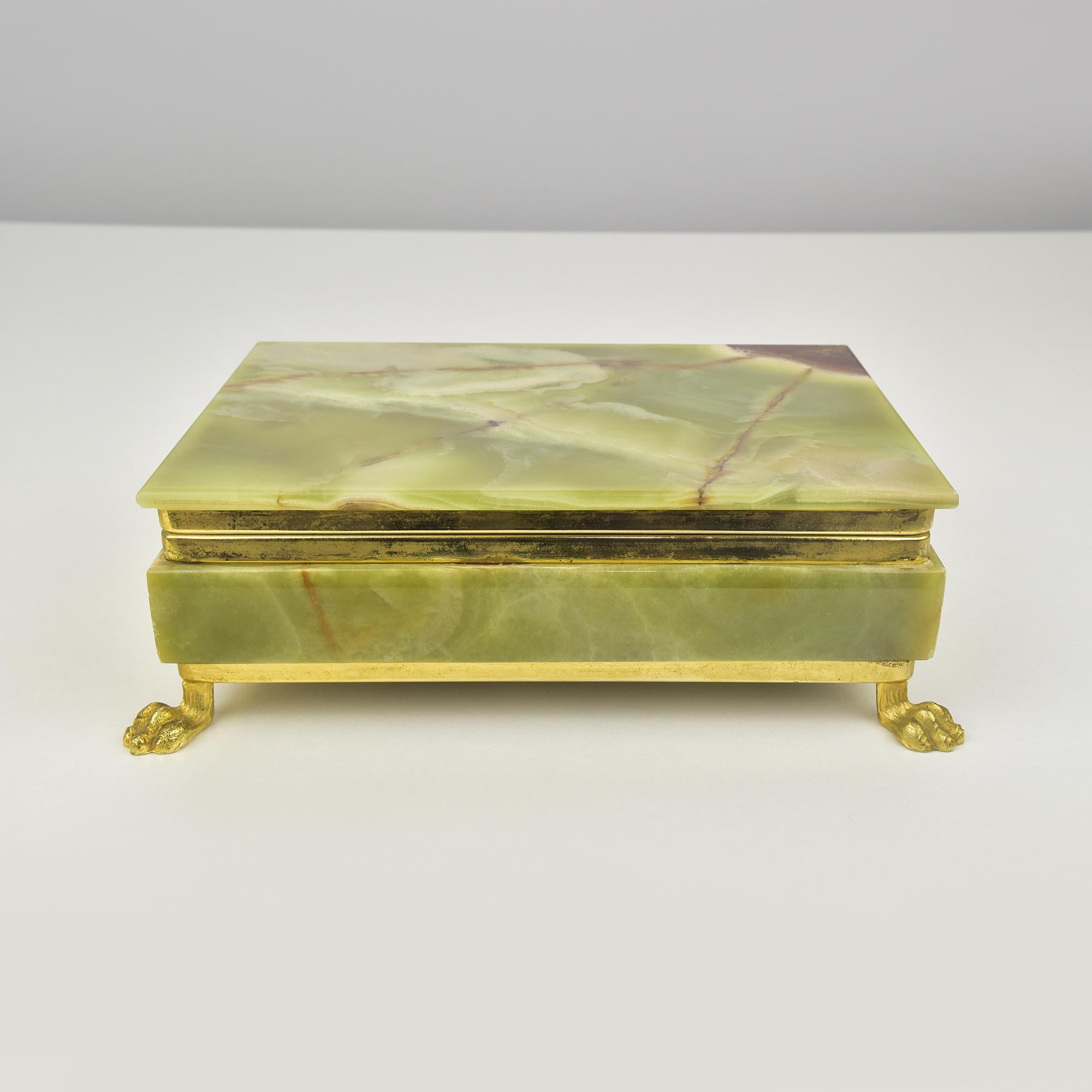 Mid-20th Century Italian Green Onyx Marble Stone Jewelry Box with Lion Feet