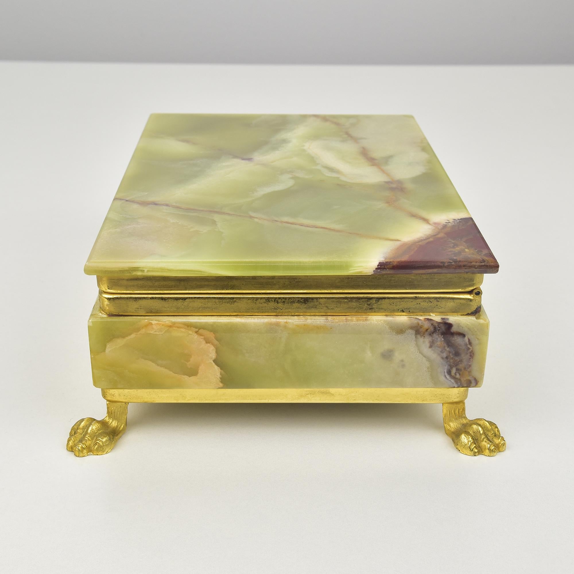 Metal Italian Green Onyx Marble Stone Jewelry Box with Lion Feet