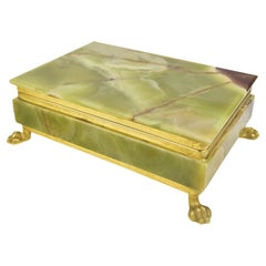 Italian Green Onyx Marble Stone Jewelry Box with Lion Feet