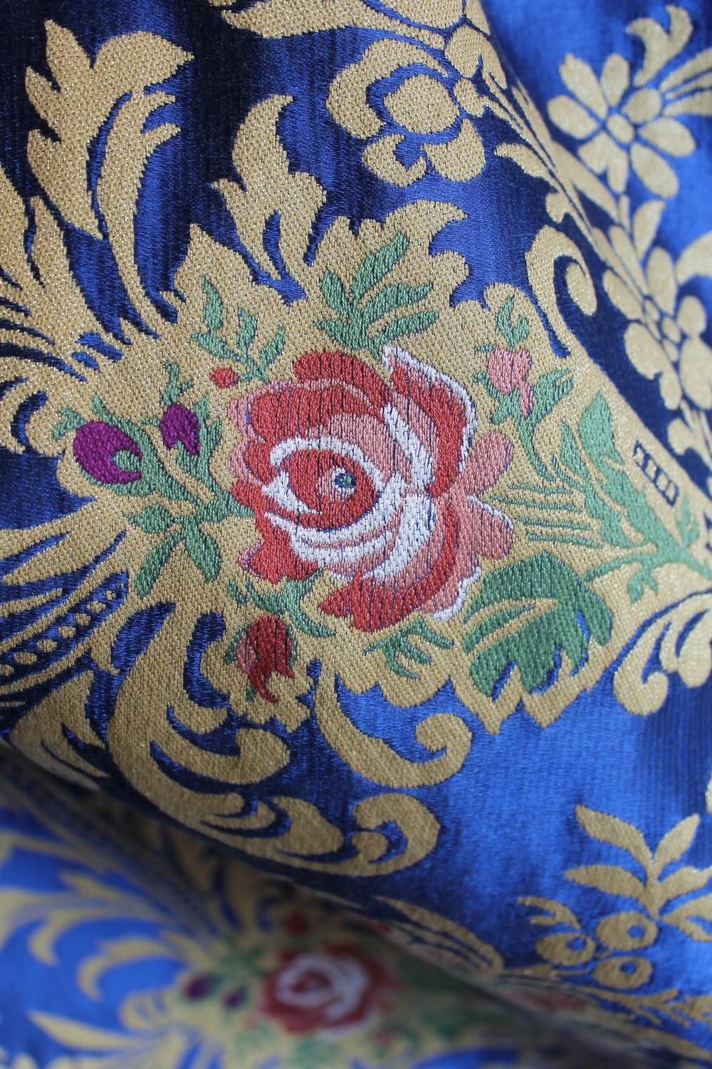 Italian Green Silk Blend Brocade Fabric with Red Roses and Gold Floral Patterns For Sale 5