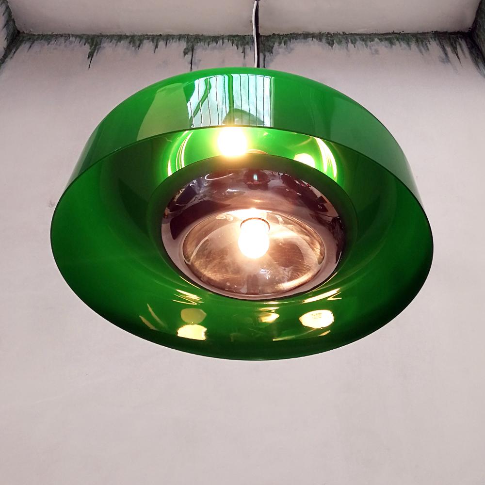 Italian Green Perspex and Chromed Steel Ceiling Lamp, 1970s 2