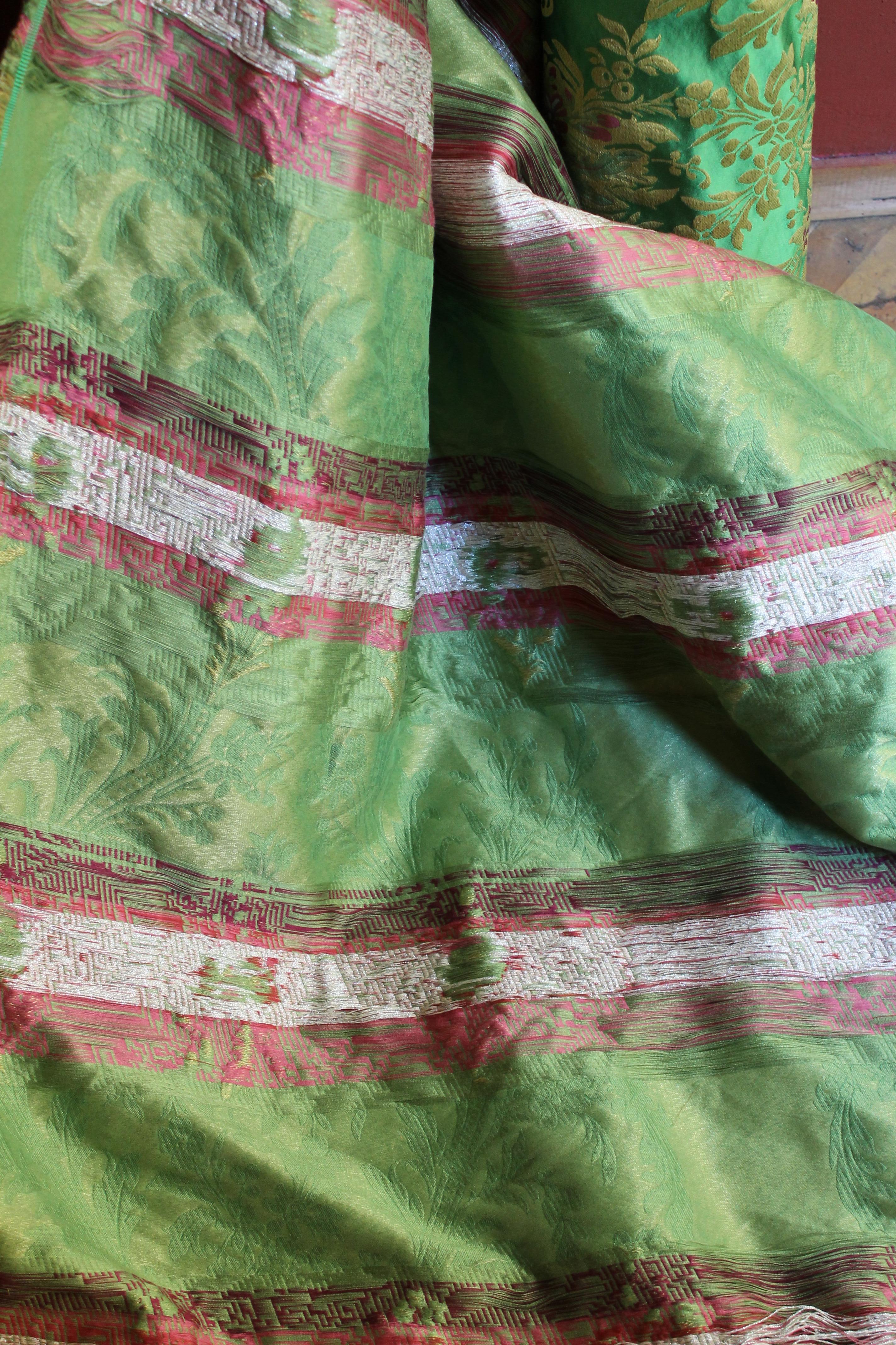 Metallic Thread Italian Green Silk Blend Brocade Fabric with Red Roses and Gold Floral Patterns For Sale