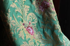 Italian Green Silk Blend Brocade Fabric with Red Roses and Gold Floral Patterns