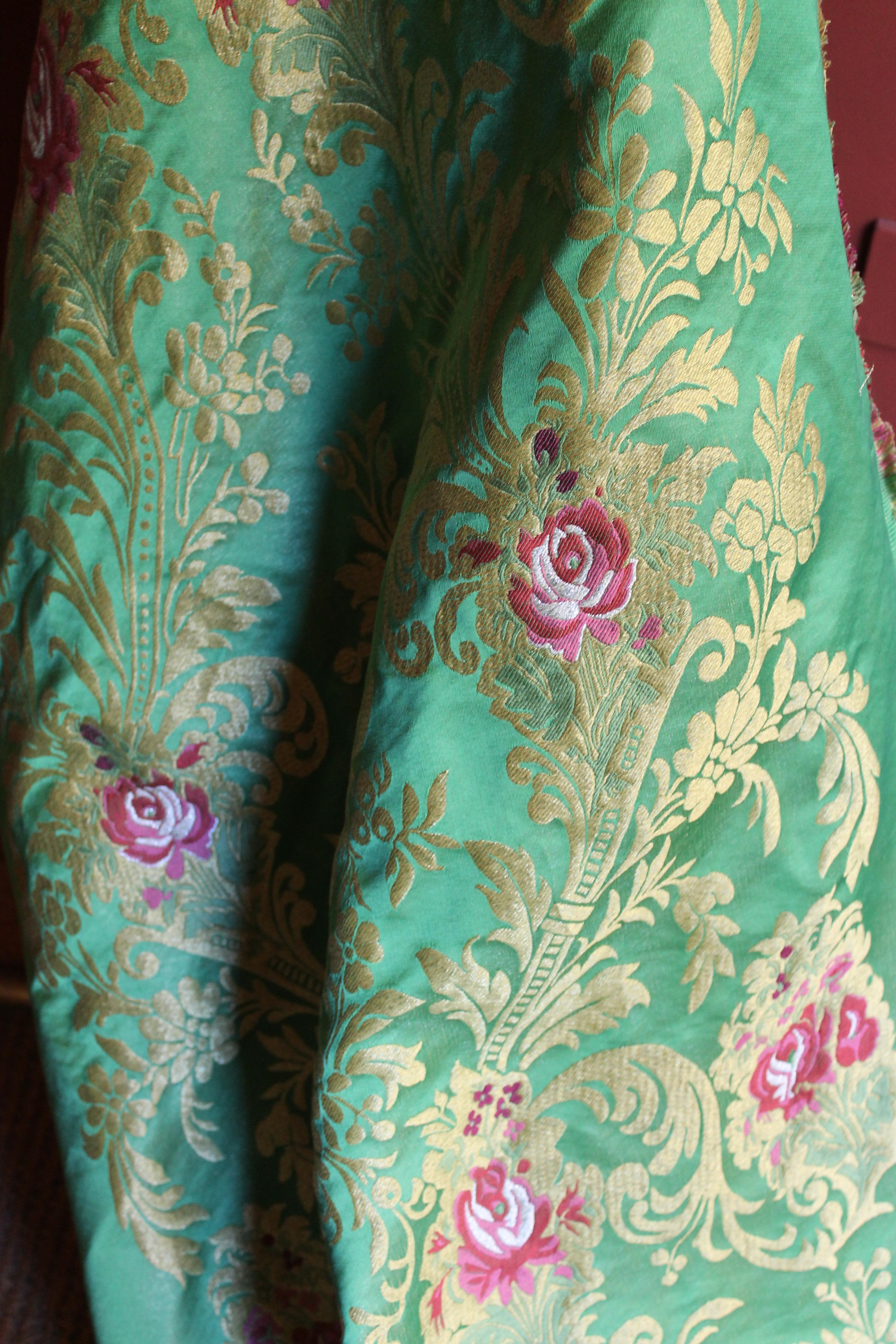 Rococo Italian Green Silk Blend Brocade Fabric with Red Roses and Gold Floral Patterns For Sale