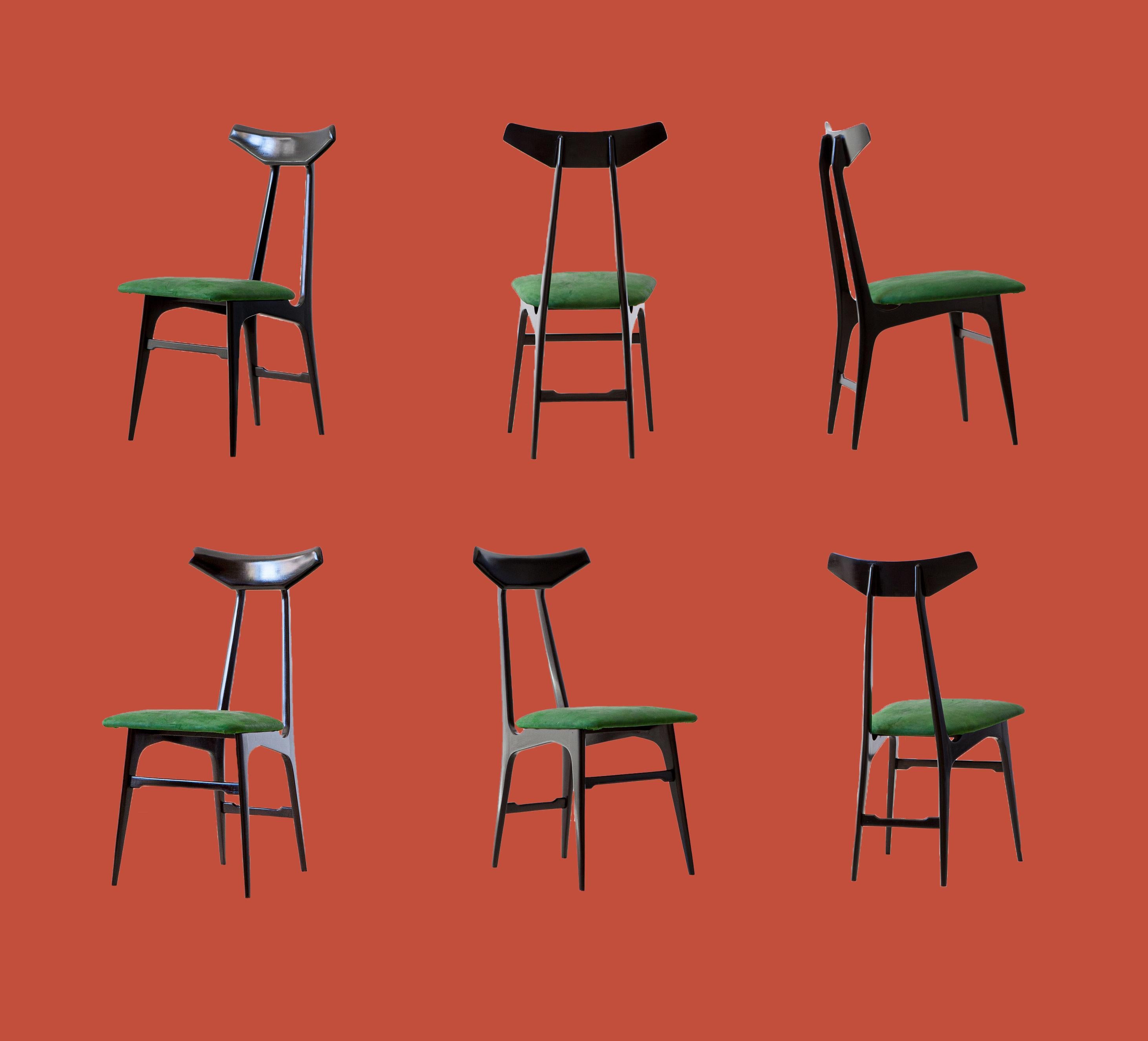Six Italian Green Suede Leather Dining Chairs, 1950s 6