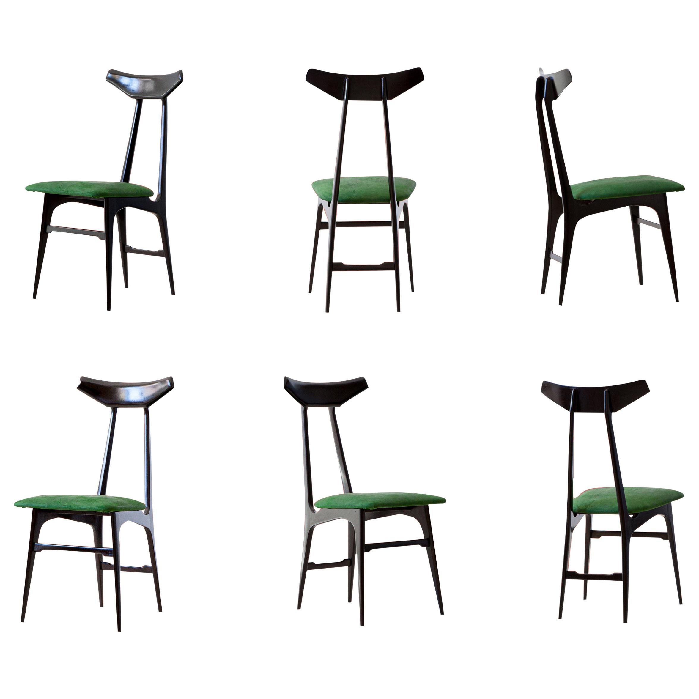 Six Italian Green Suede Leather Dining Chairs, 1950s