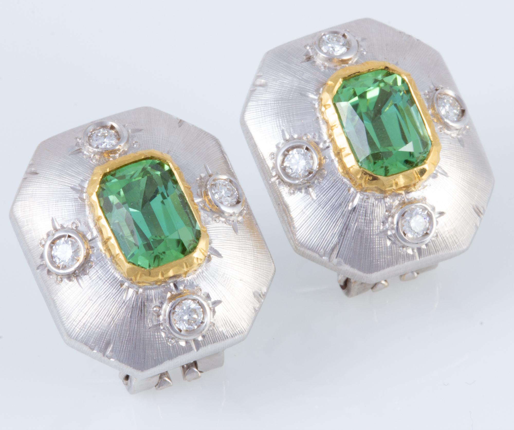 Artisan Italian Green Tourmaline and Diamond Florentine Earrings  For Sale