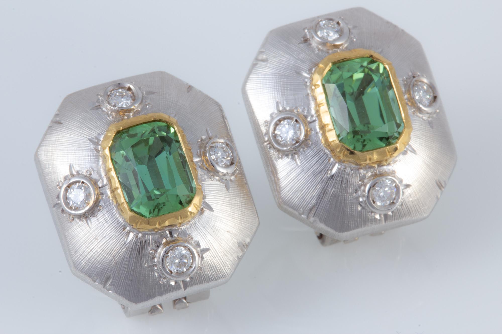 Cushion Cut Italian Green Tourmaline and Diamond Florentine Earrings  For Sale