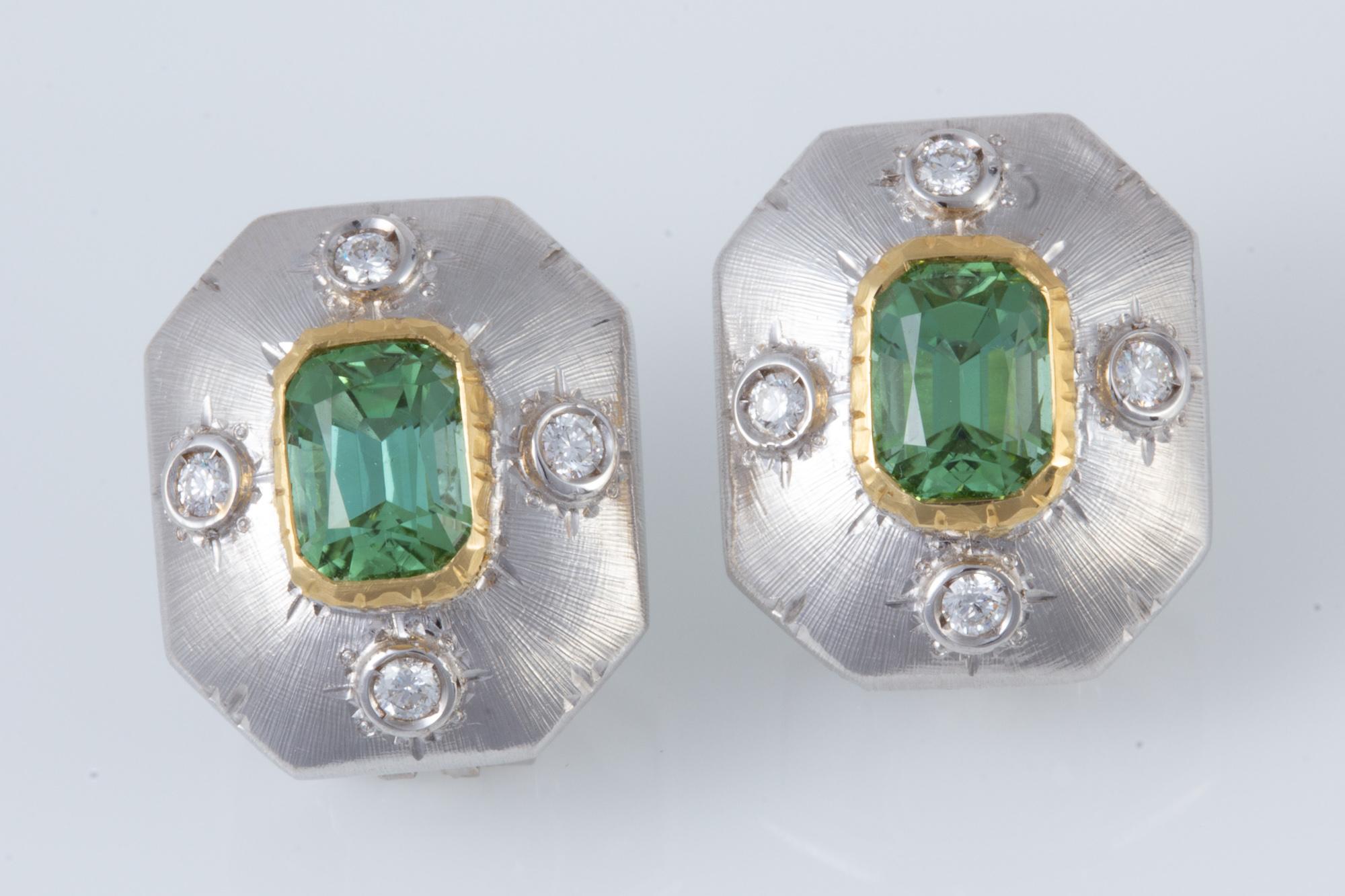 Italian Green Tourmaline and Diamond Florentine Earrings  In New Condition For Sale In Houston, TX