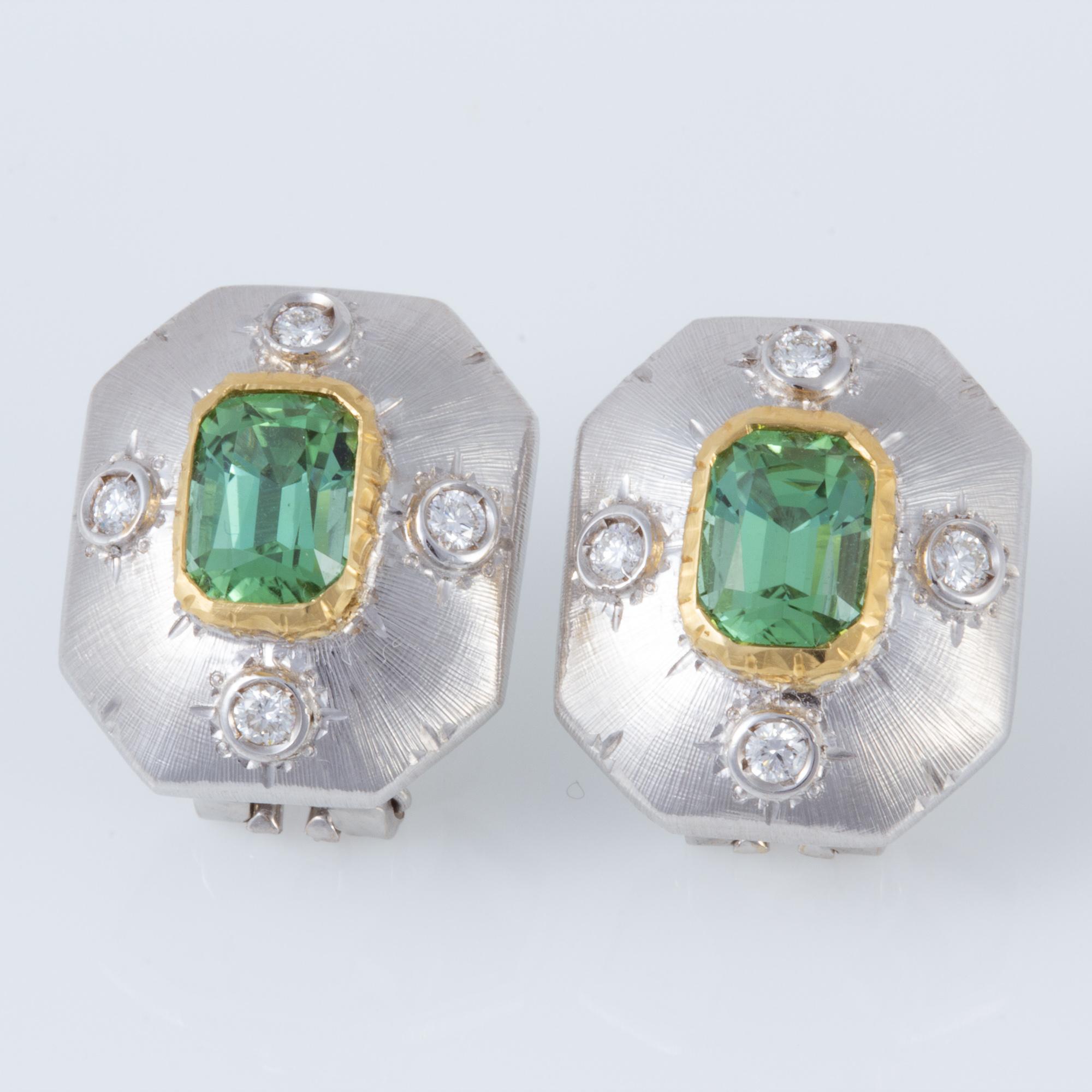 Women's or Men's Italian Green Tourmaline and Diamond Florentine Earrings  For Sale