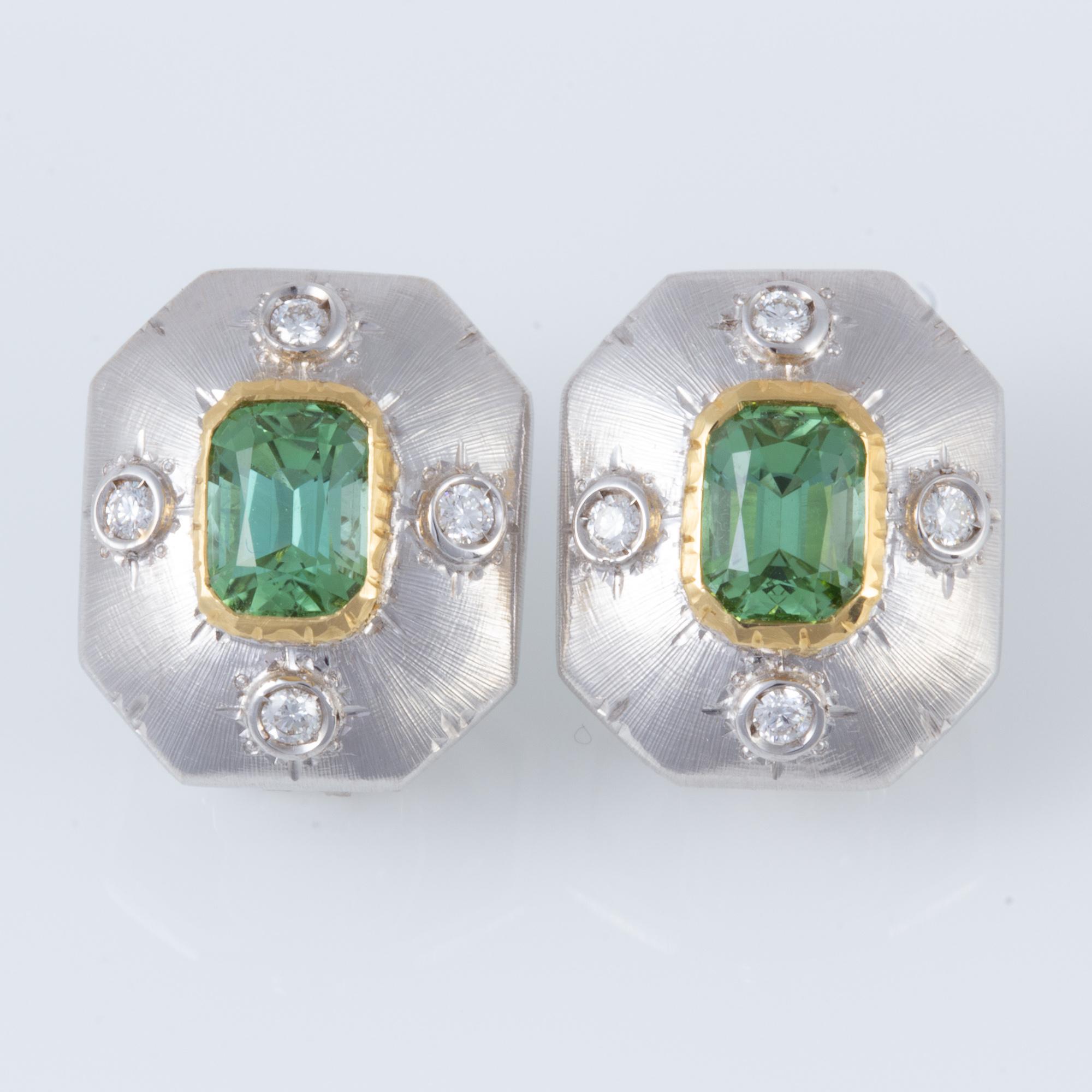 Italian Green Tourmaline and Diamond Florentine Earrings  For Sale 1