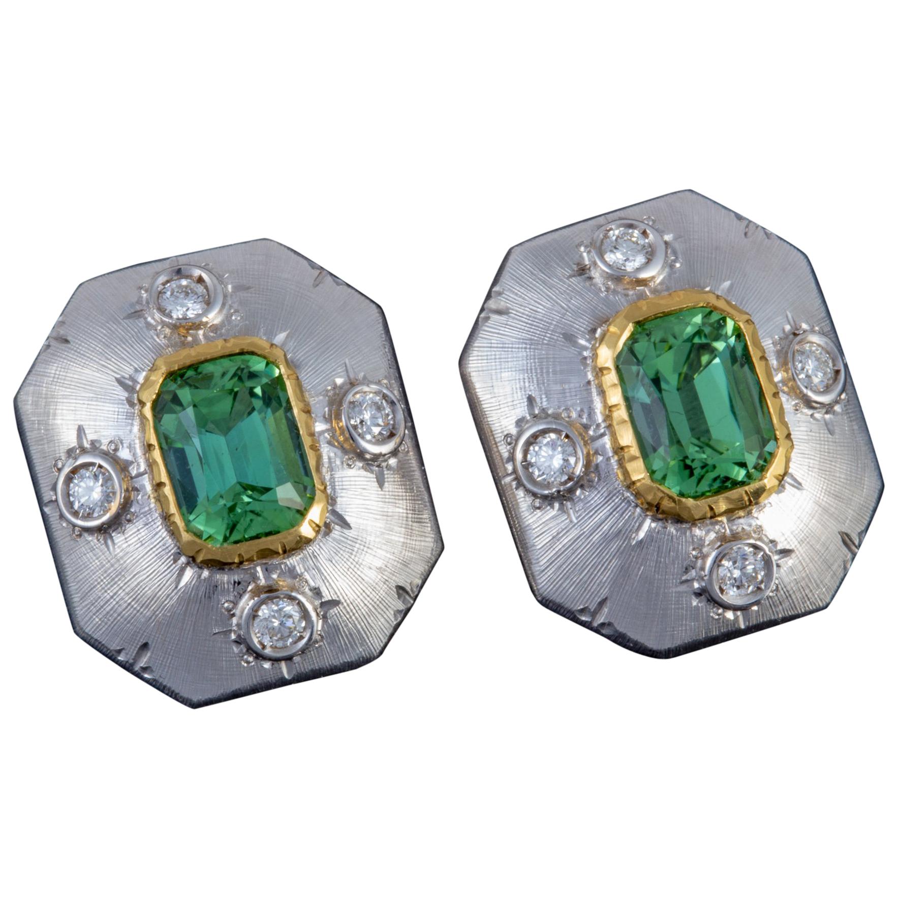 Italian Green Tourmaline and Diamond Florentine Earrings  For Sale