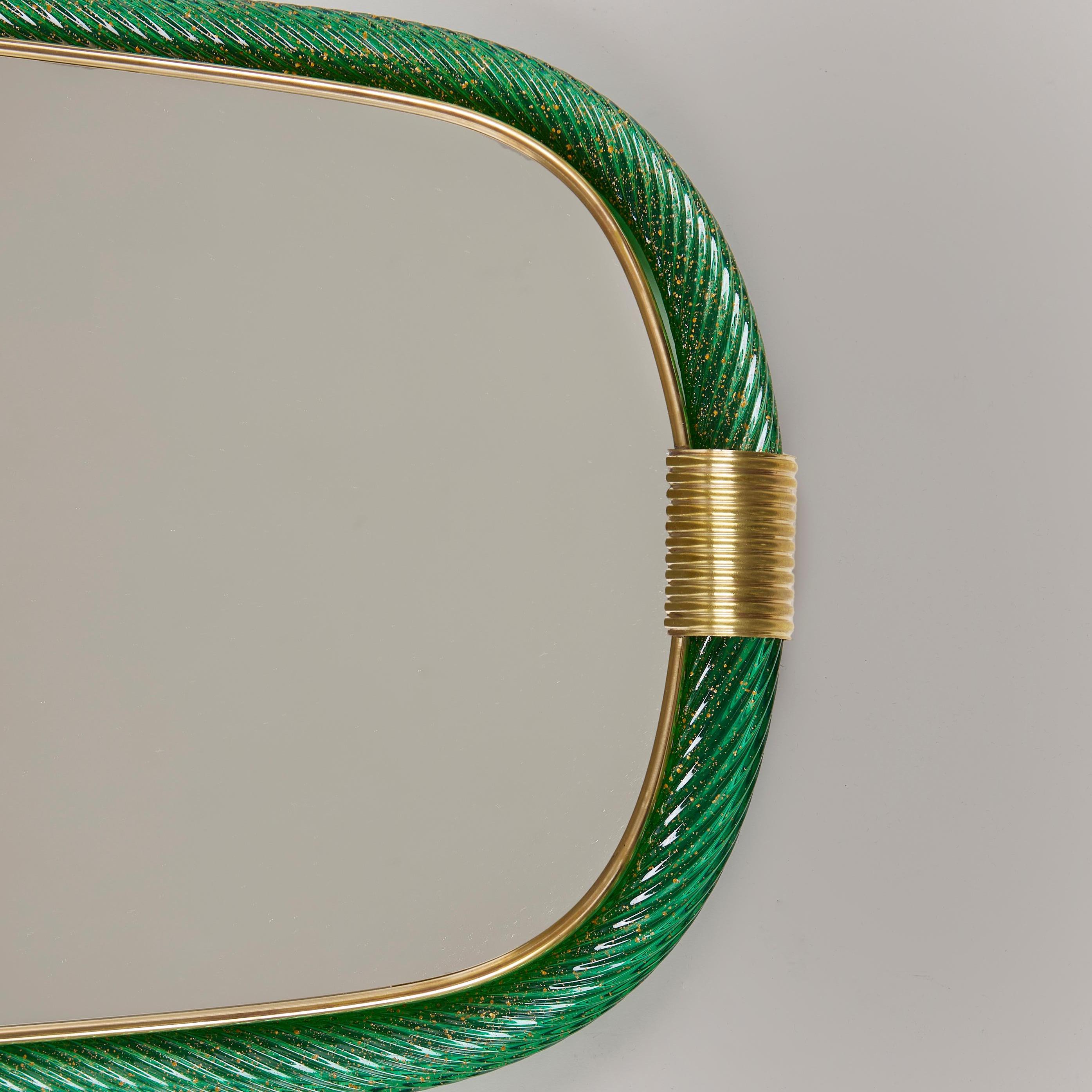 Italian green twisted Murano and brass Firenze mirror, Barovier e Toso style For Sale 2