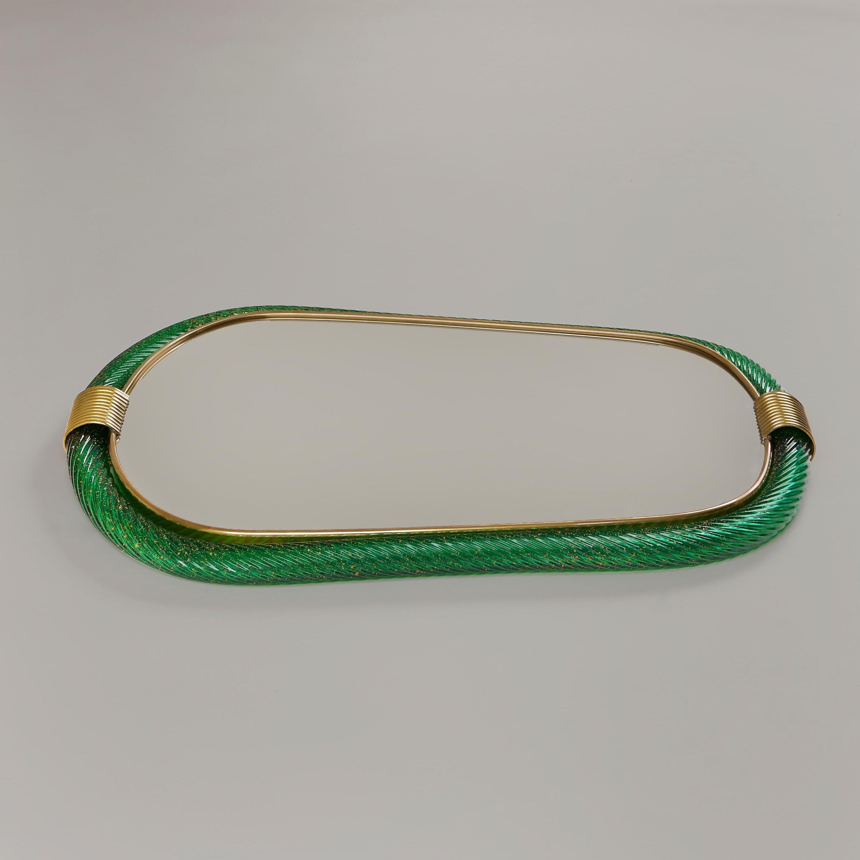 Italian green twisted Murano and brass Firenze mirror, Barovier e Toso style For Sale 3