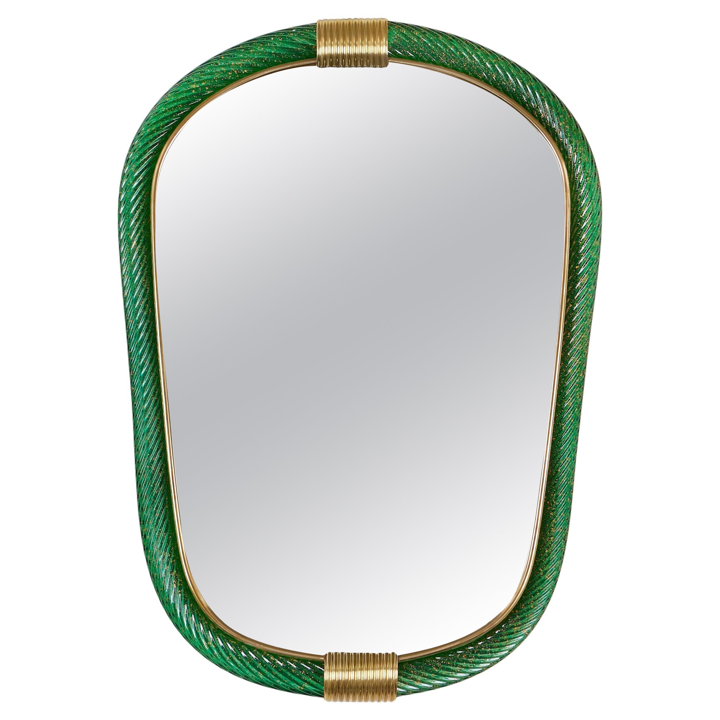 Italian green twisted Murano and brass Firenze mirror, Barovier e Toso style