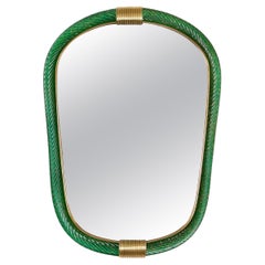Italian green twisted Murano and brass Firenze mirror, Barovier e Toso style