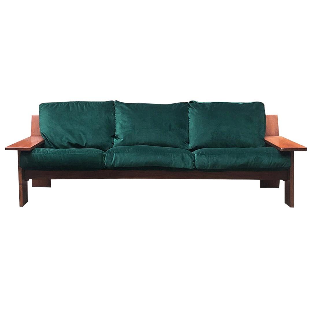 Italian Green Velvet and Wood Three-Seat Sofa Plinio by Plinio Il Giovane, 1975