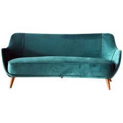 Italian Green Velvet, Wood and Brass Sofa, 1950s