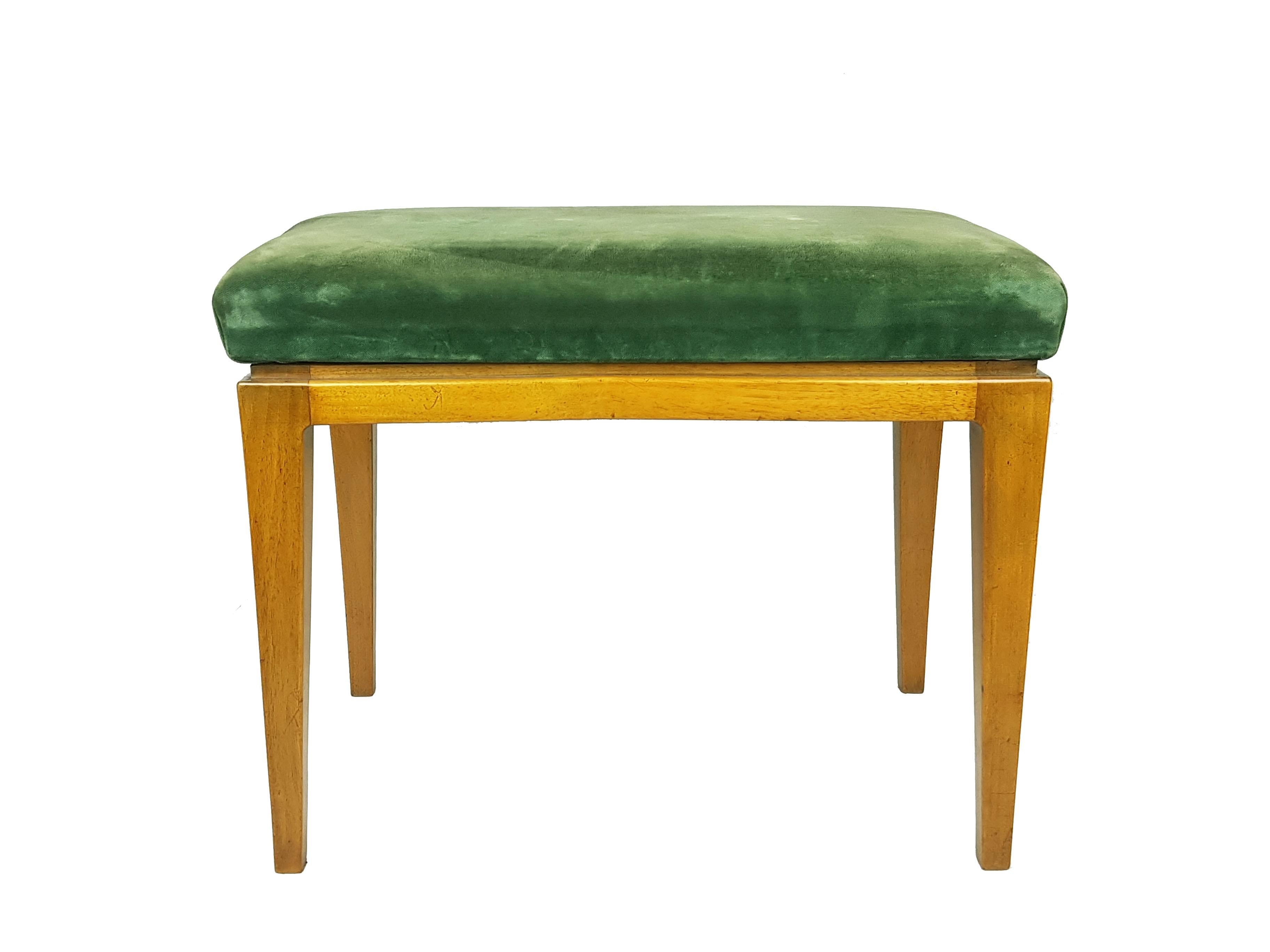 Pair of bedroom stools also usable as ottomans. Wooden structure with cushioned seats upholstered in green velvet. the wooden structures have been refinished keeping their original patina. The velvet is original but shows visible signs of wear and