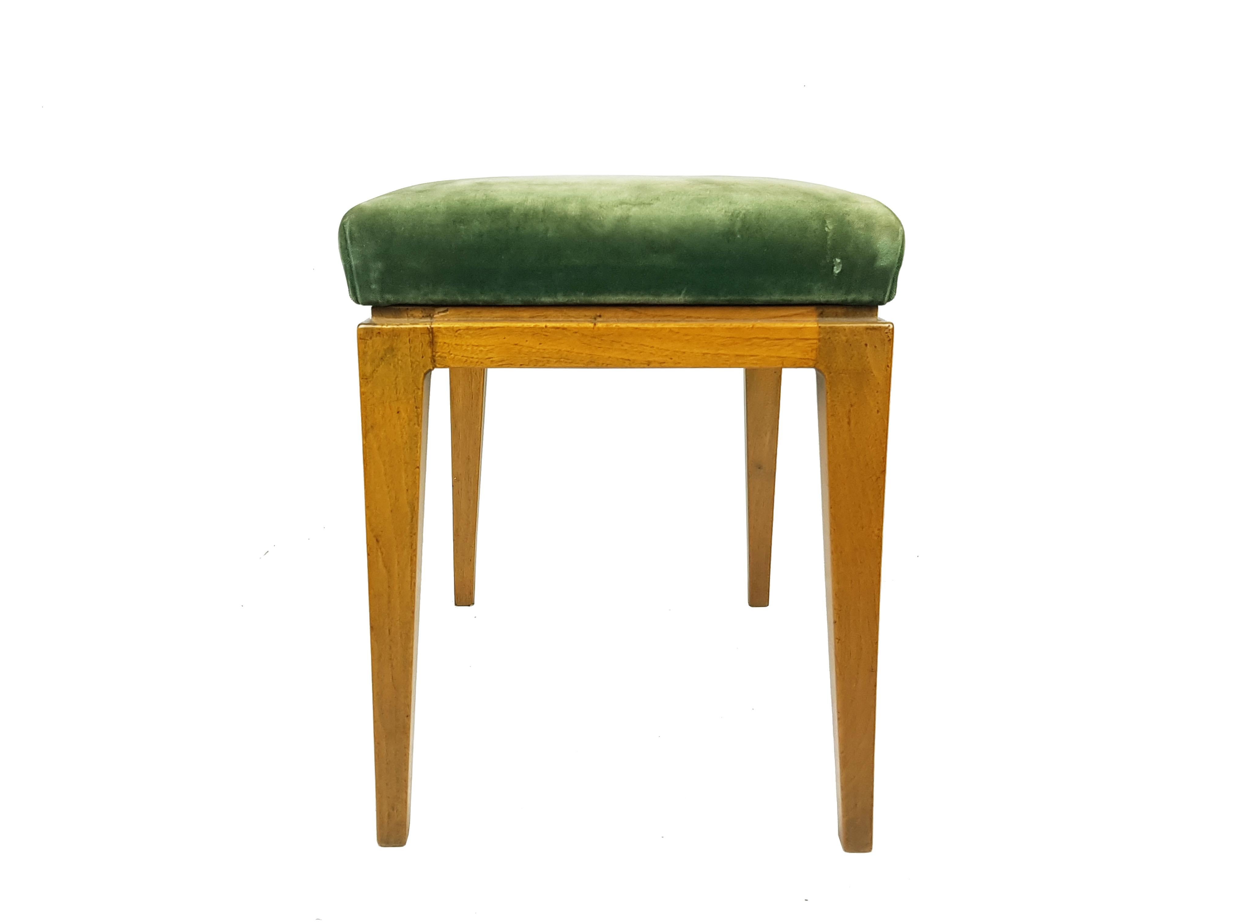 Velvet Italian green velvet & wood Mid Century Modern stools/ottomans For Sale