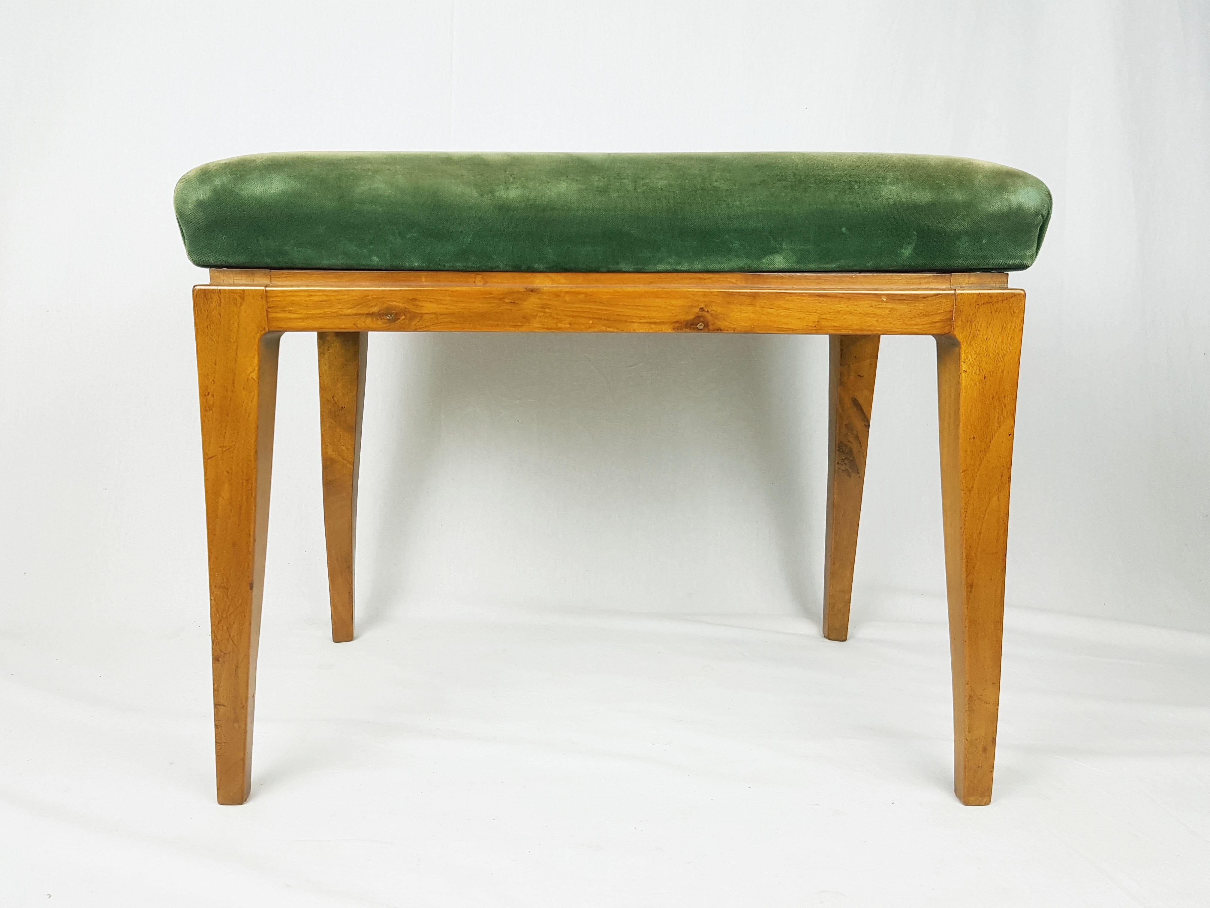 Italian green velvet & wood Mid Century Modern stools/ottomans For Sale 1