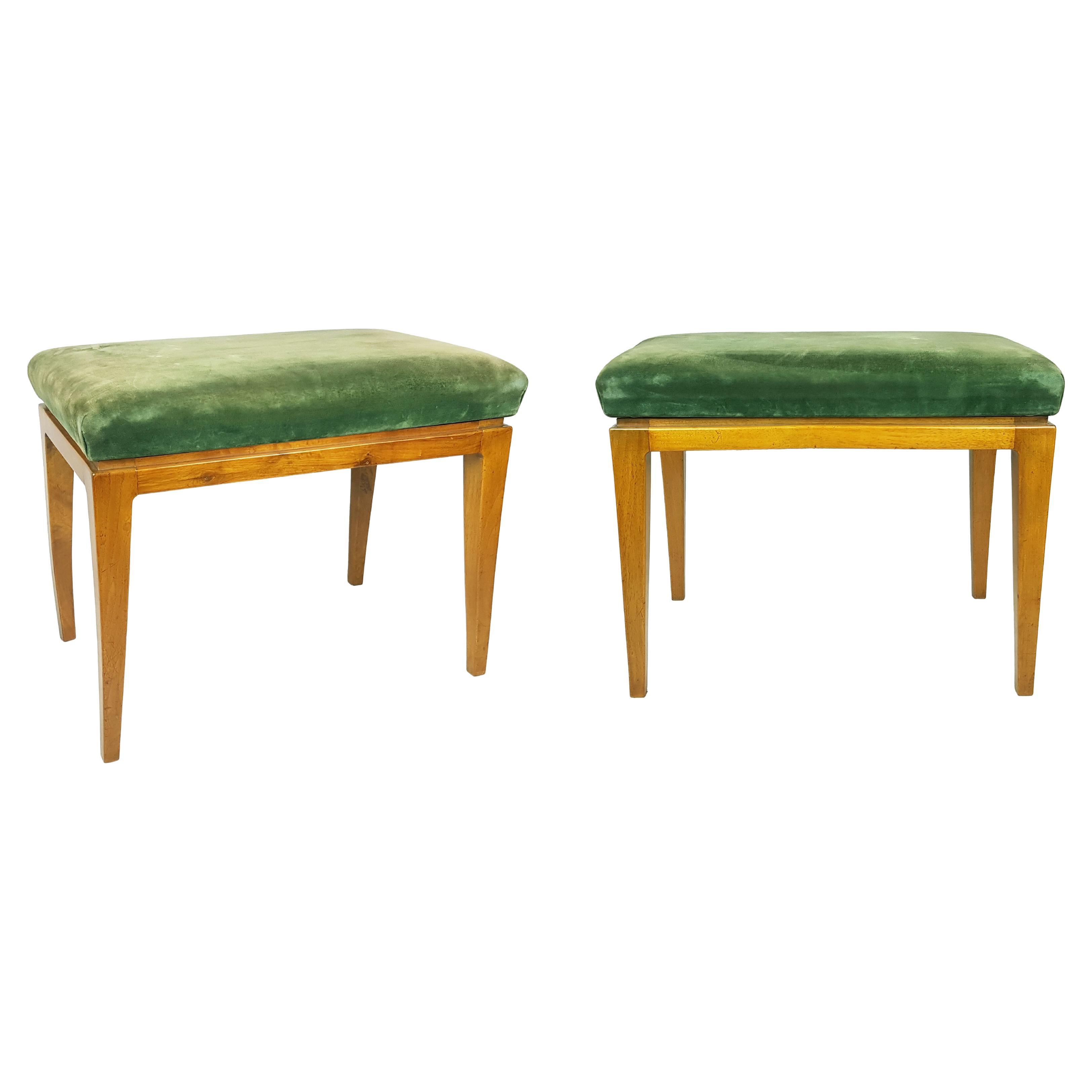 Italian green velvet & wood Mid Century Modern stools/ottomans For Sale