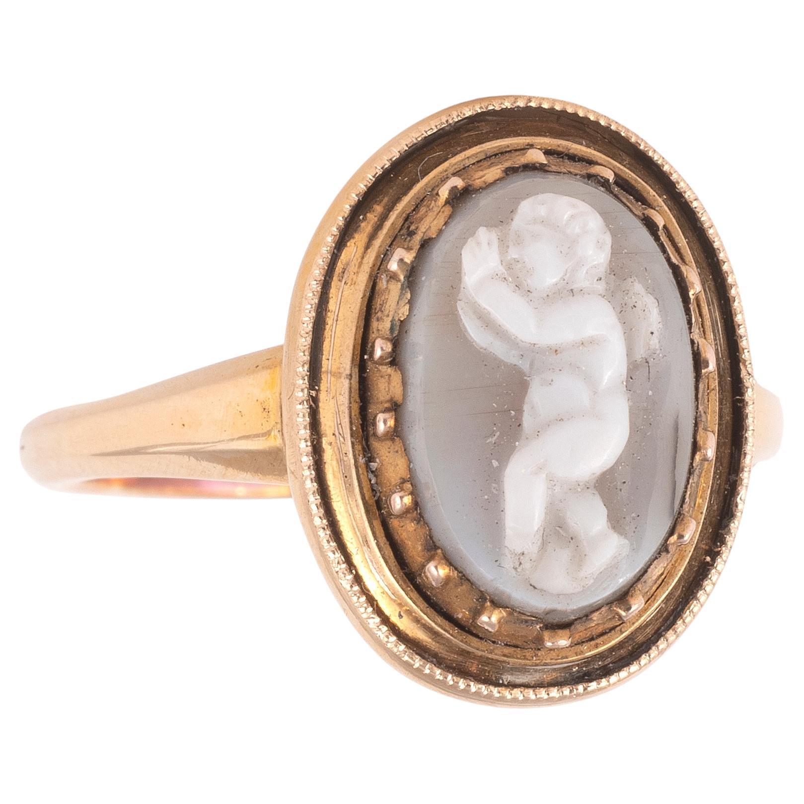 Uncut Italian Grey Agate Ring With Renaissance Cameo For Sale