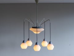 Italian Grey Enameled Brass Chandelier with Frosted Glass Pendants, circa 1960