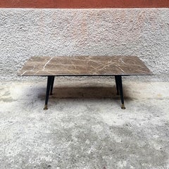 Italian Grey Marble, Matt Black Wood and Brass Coffee Table, 1950s