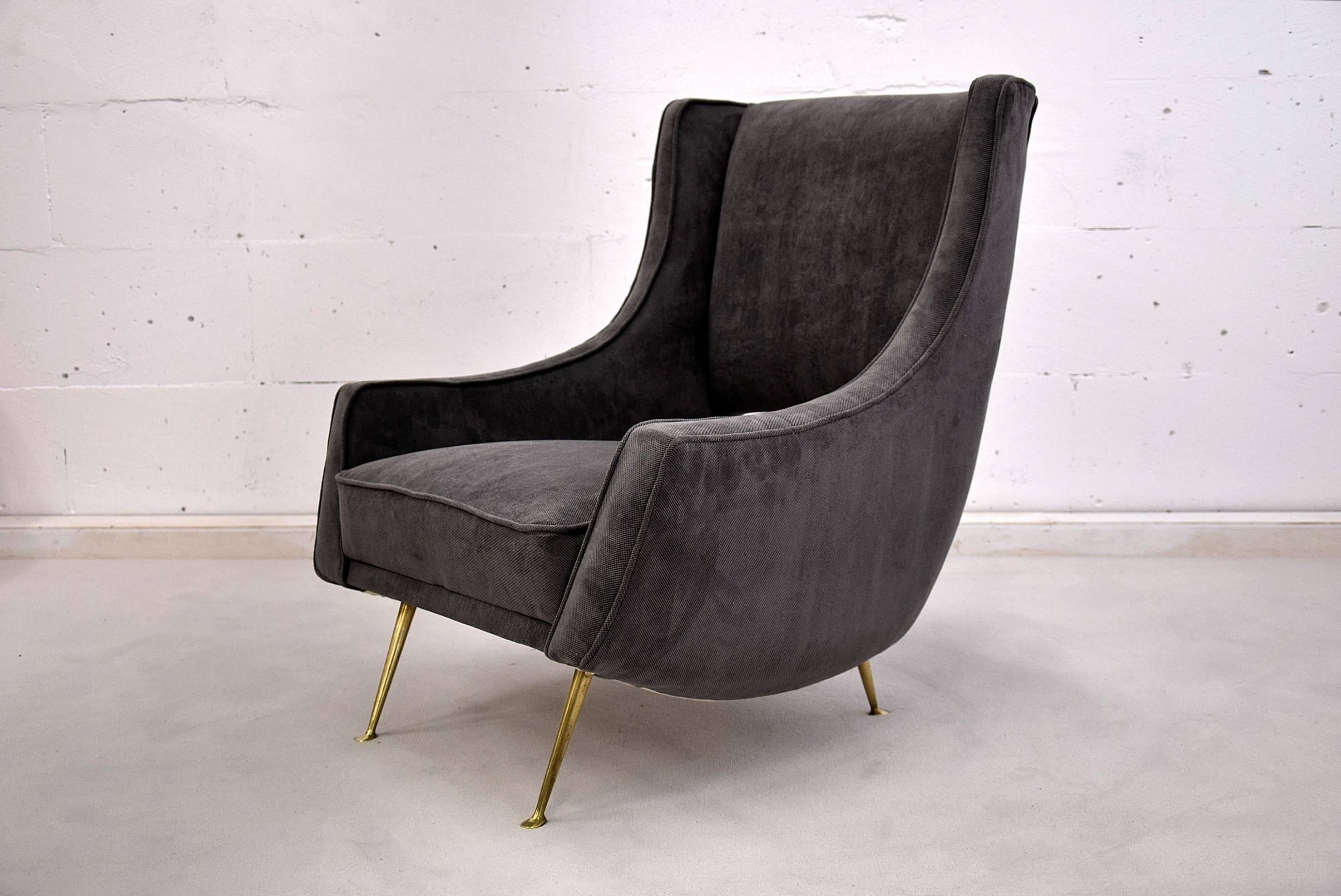 Brass Italian Grey Mid-Century Modern Armchair For Sale