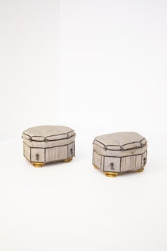 Italian Grey Pouf Containers in Gilded Wood and Silk, Early 20th Century