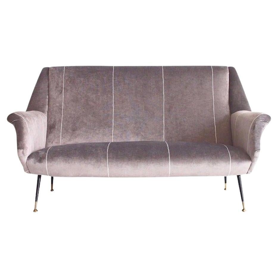 Italian Grey Velvet Sofa with Black Lacquered Brass Feet