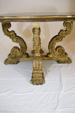 Italian Grotto Style Table with Polychrome Leather Top on Giltwood Base