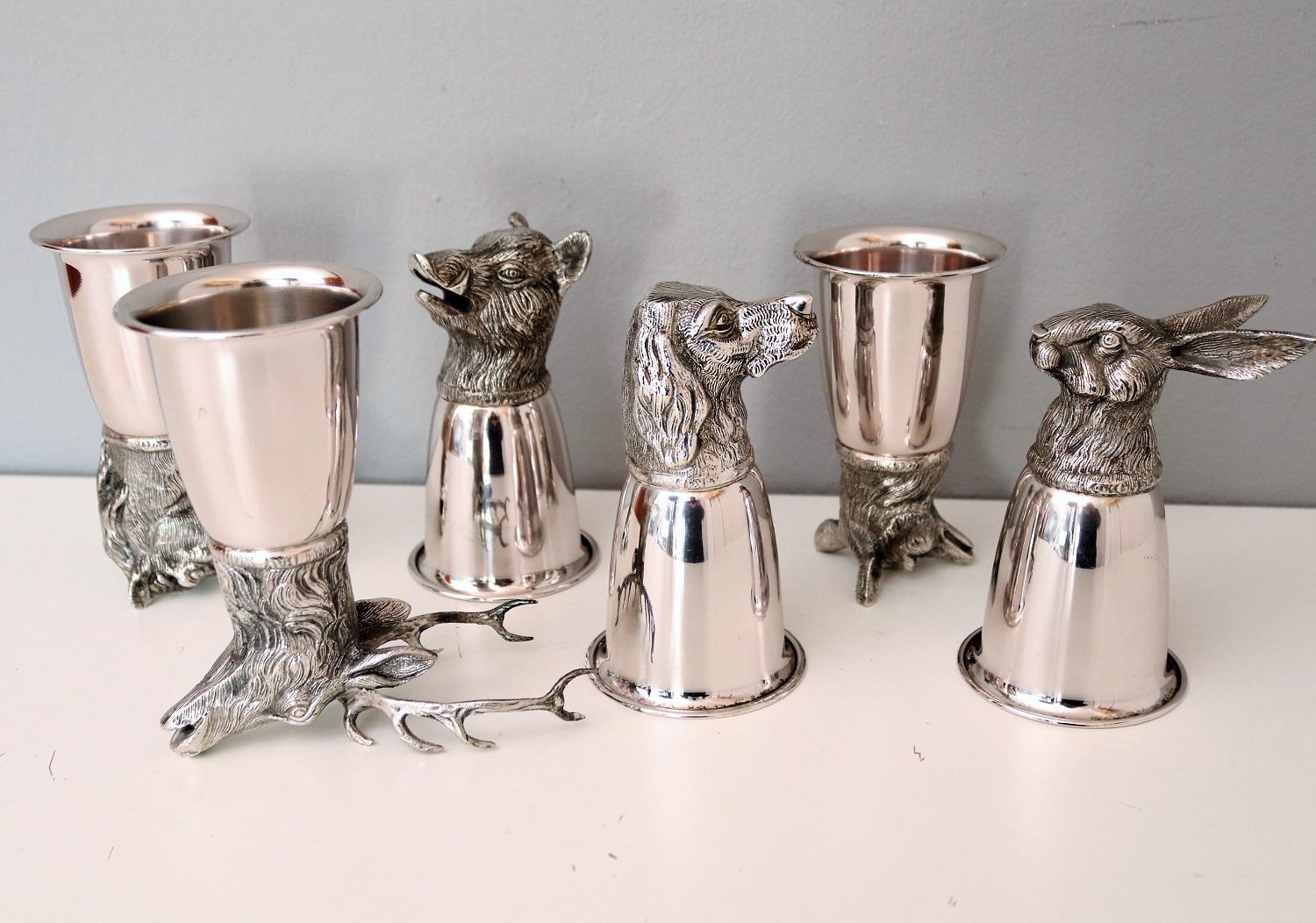 Beautiful set with 6 different drinking cups from the hunting environment, made of silver-plated metal.
All cups are signed with 