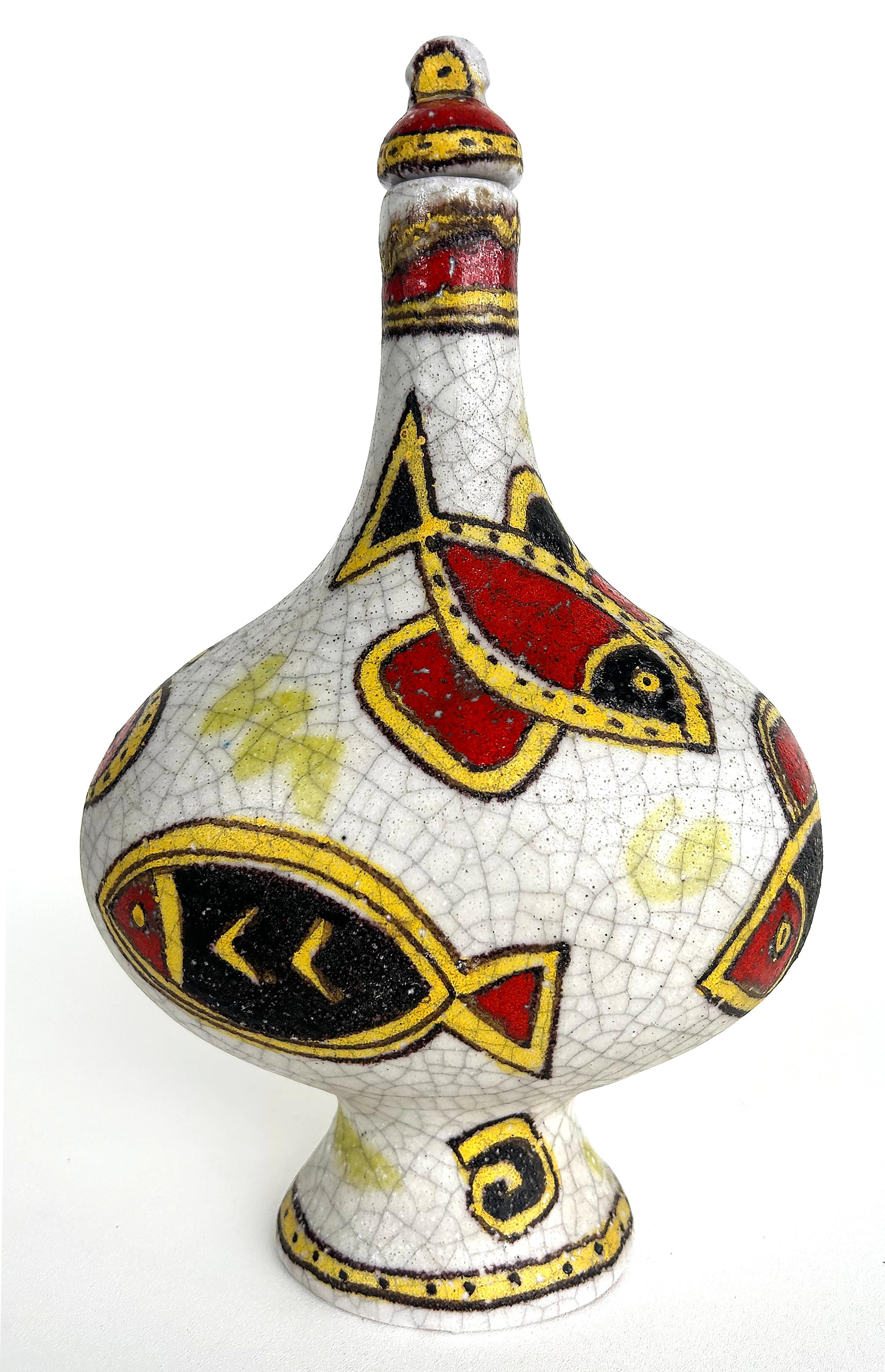 Mid-Century Modern Italian Guido Gambone Glazed Ceramic Vessel with Stopper, Signed on Underside For Sale