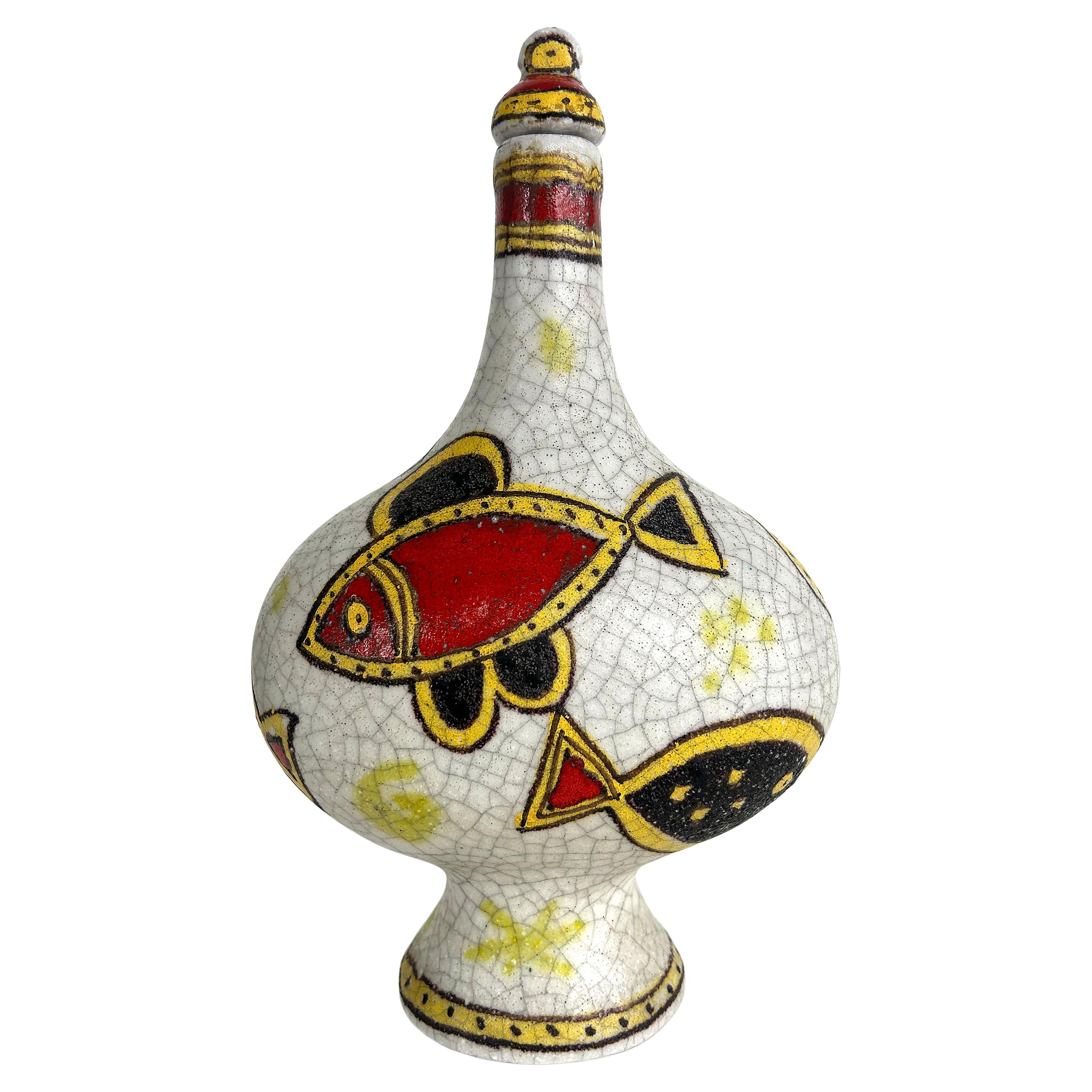 Italian Guido Gambone Glazed Ceramic Vessel with Stopper, Signed on Underside