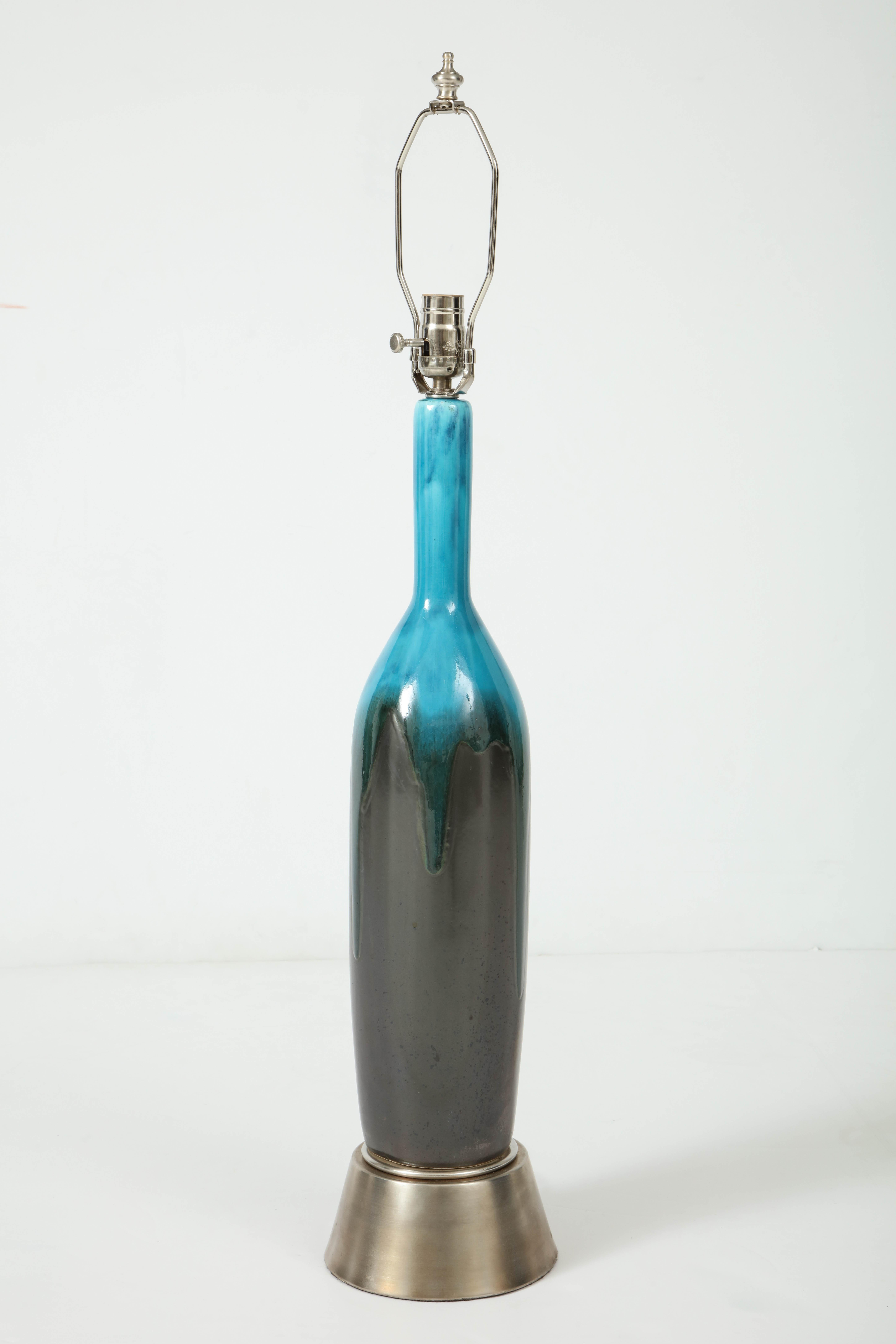 Mid-Century Modern Italian Gunmetal, Turquoise Ceramic Lamps For Sale