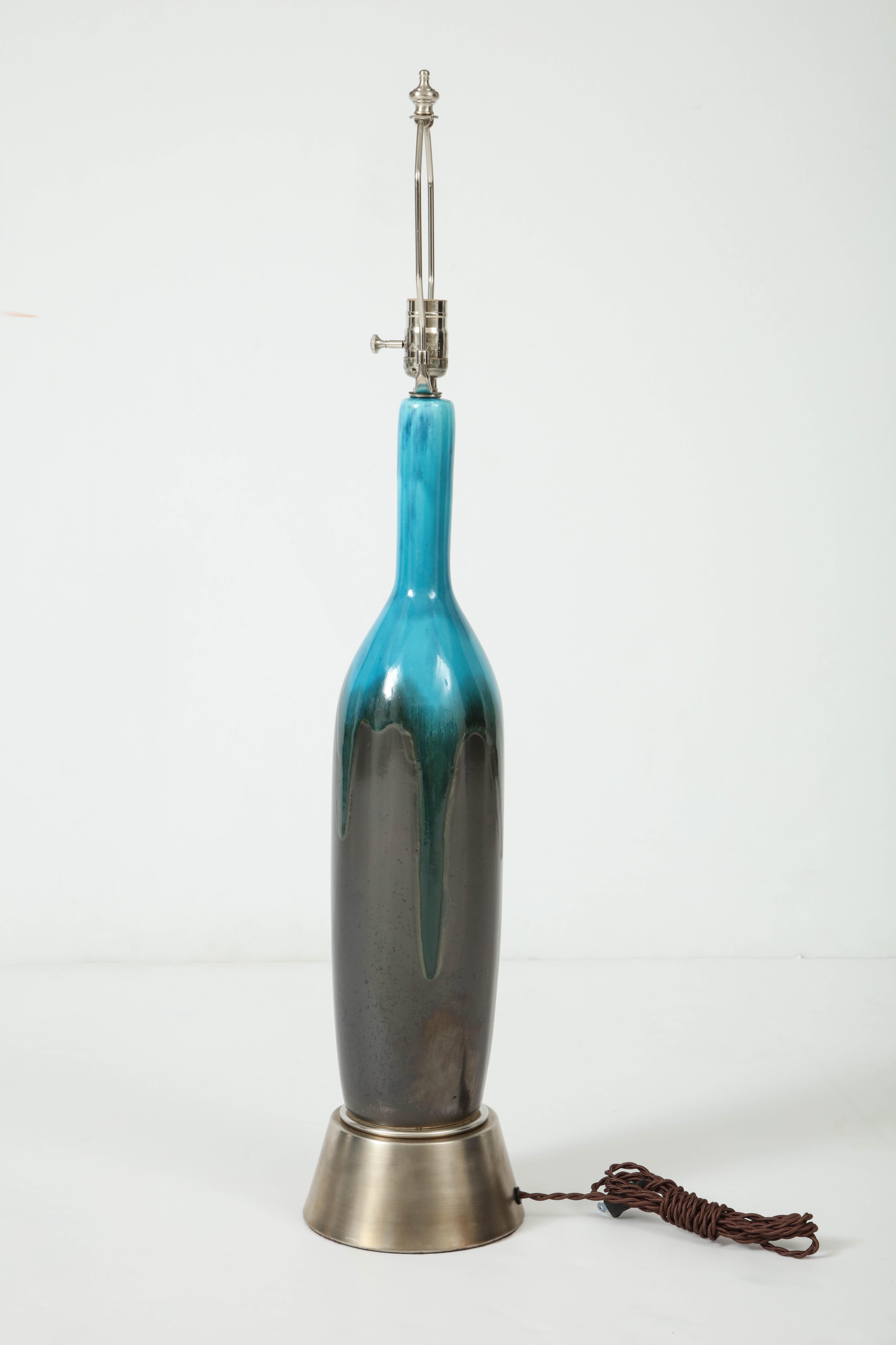 Italian Gunmetal, Turquoise Ceramic Lamps In Excellent Condition For Sale In New York, NY