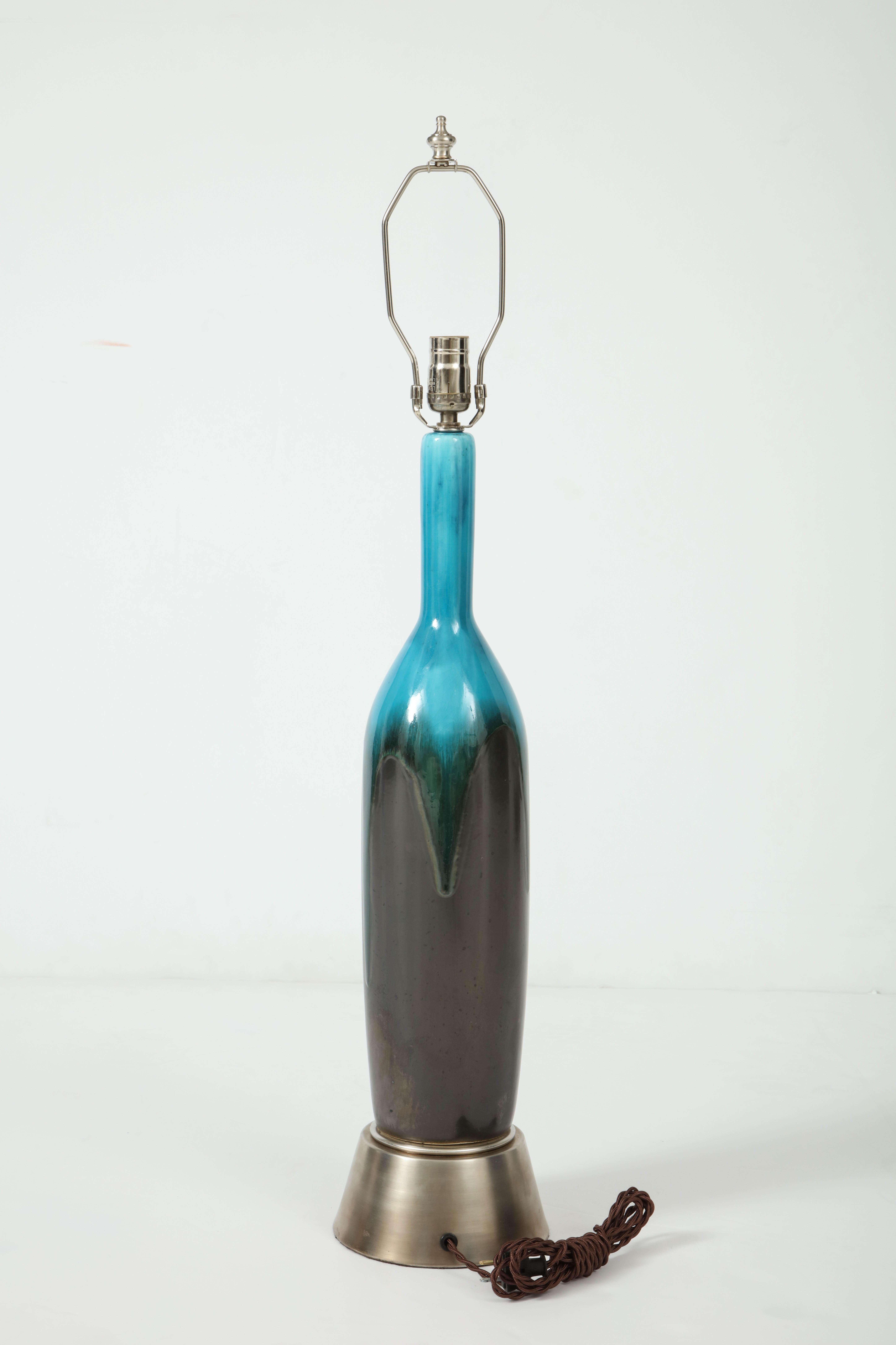 20th Century Italian Gunmetal, Turquoise Ceramic Lamps For Sale