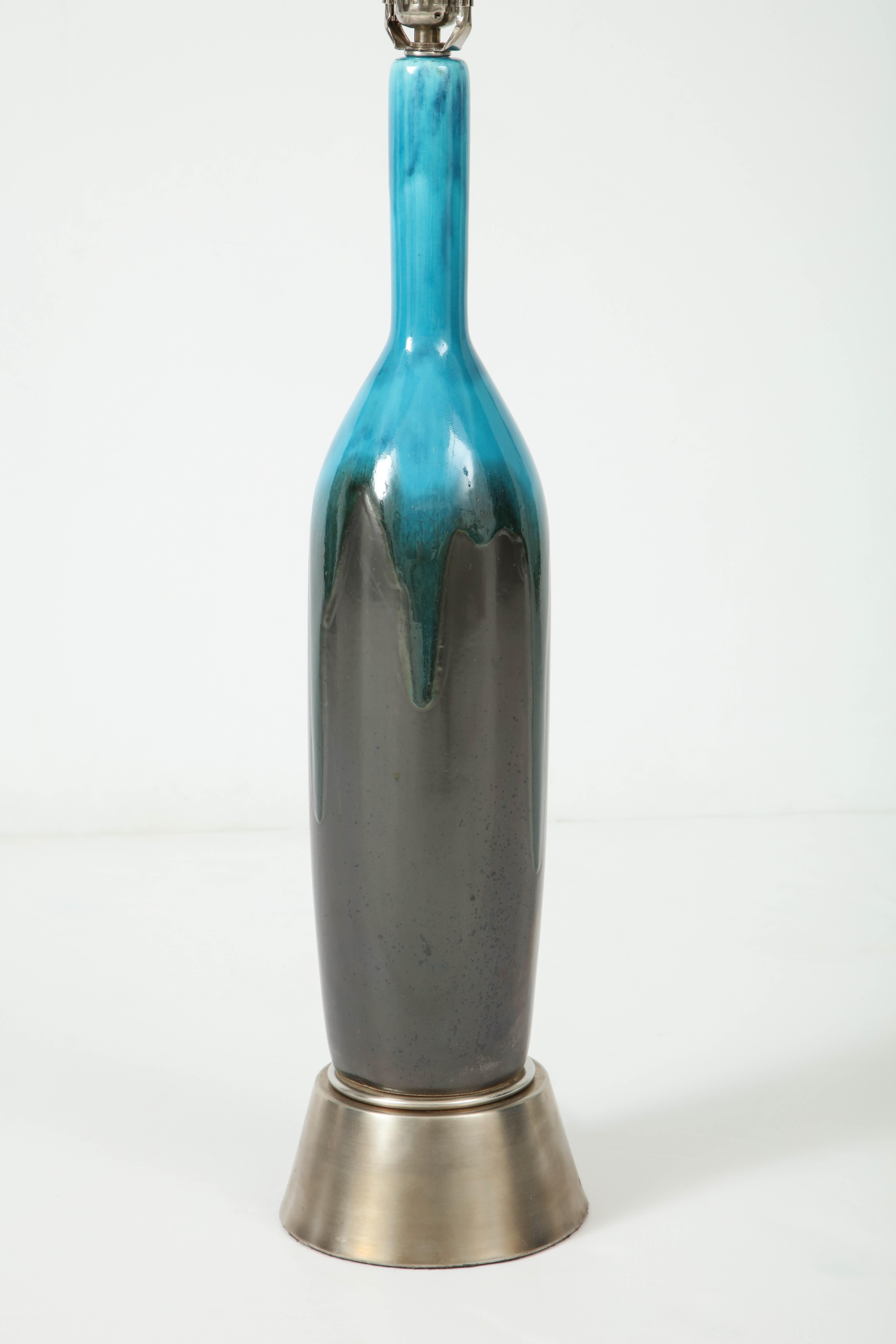 Bronze Italian Gunmetal, Turquoise Ceramic Lamps For Sale