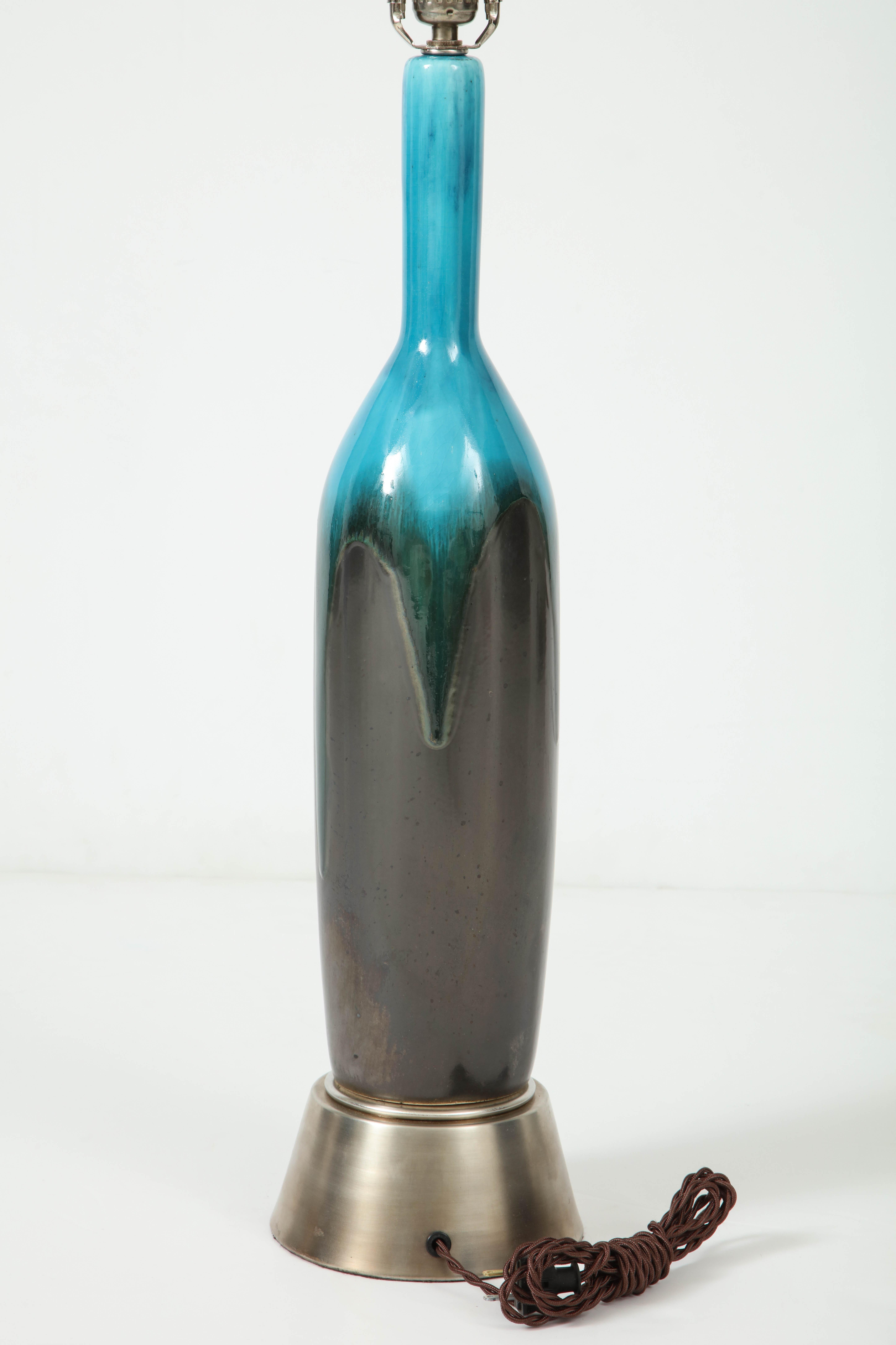 Italian Gunmetal, Turquoise Ceramic Lamps For Sale 1