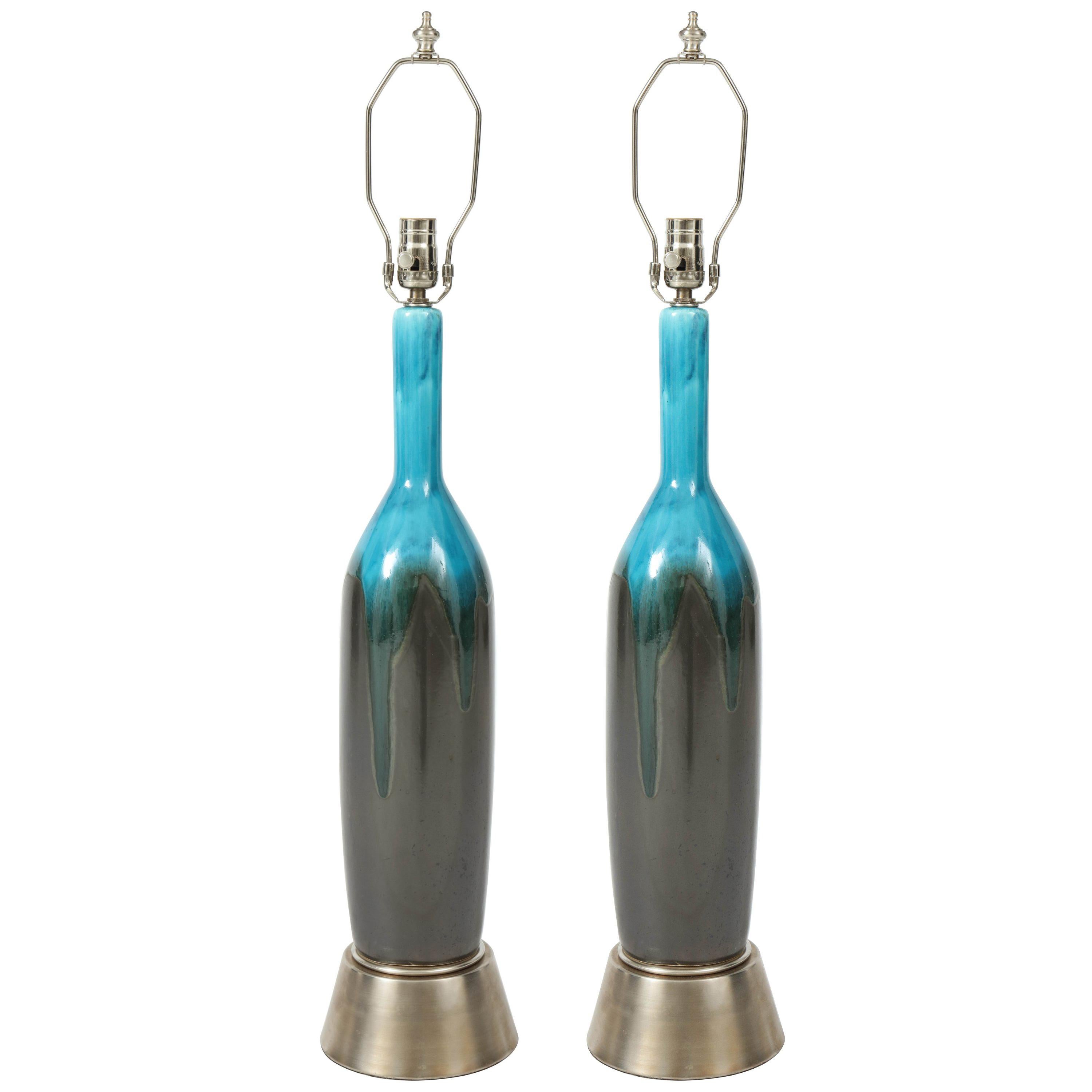 Lampes italiennes bronze, céramique turquoise en vente