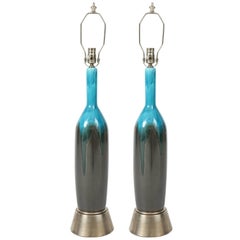 Italian Gunmetal, Turquoise Ceramic Lamps