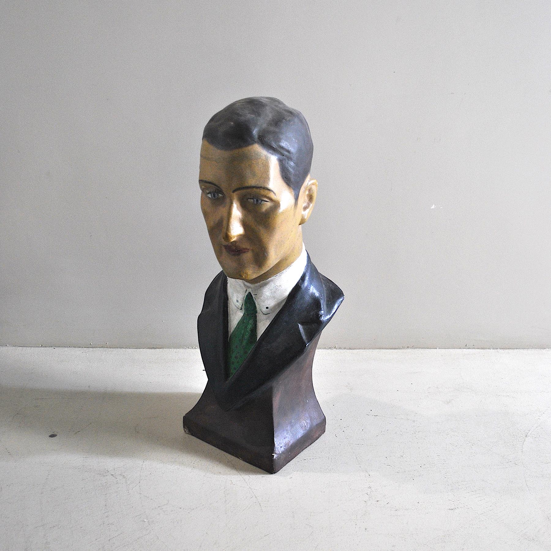 Papier maché sculpture of a bust depicting a man in a suit and tie, 1960s manufacture, Viareggio, Tuscany, signed Lopez.
