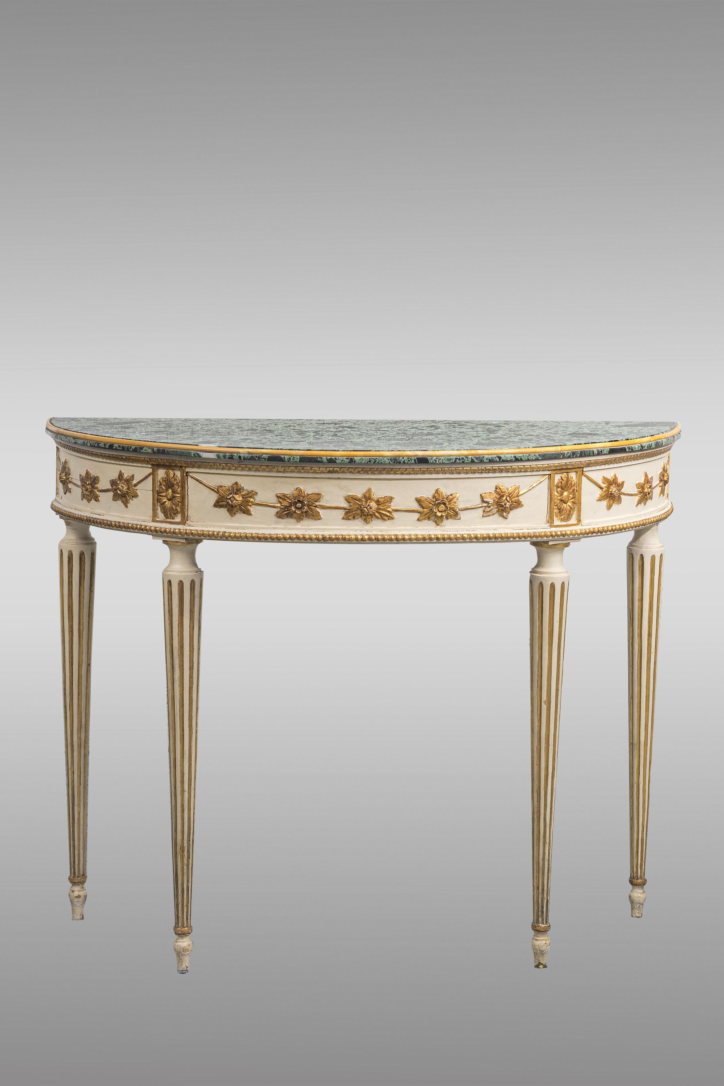 Italian half-moon console table lacquered wood in beige and gold. Green marble with Sienna yellow border.
Italian Trumeau lacquered wood in beige with gold motifs.

Console measurements:
Height: 90 cm.
Width: 113 cm.
Depth: 58 cm.
Mirror