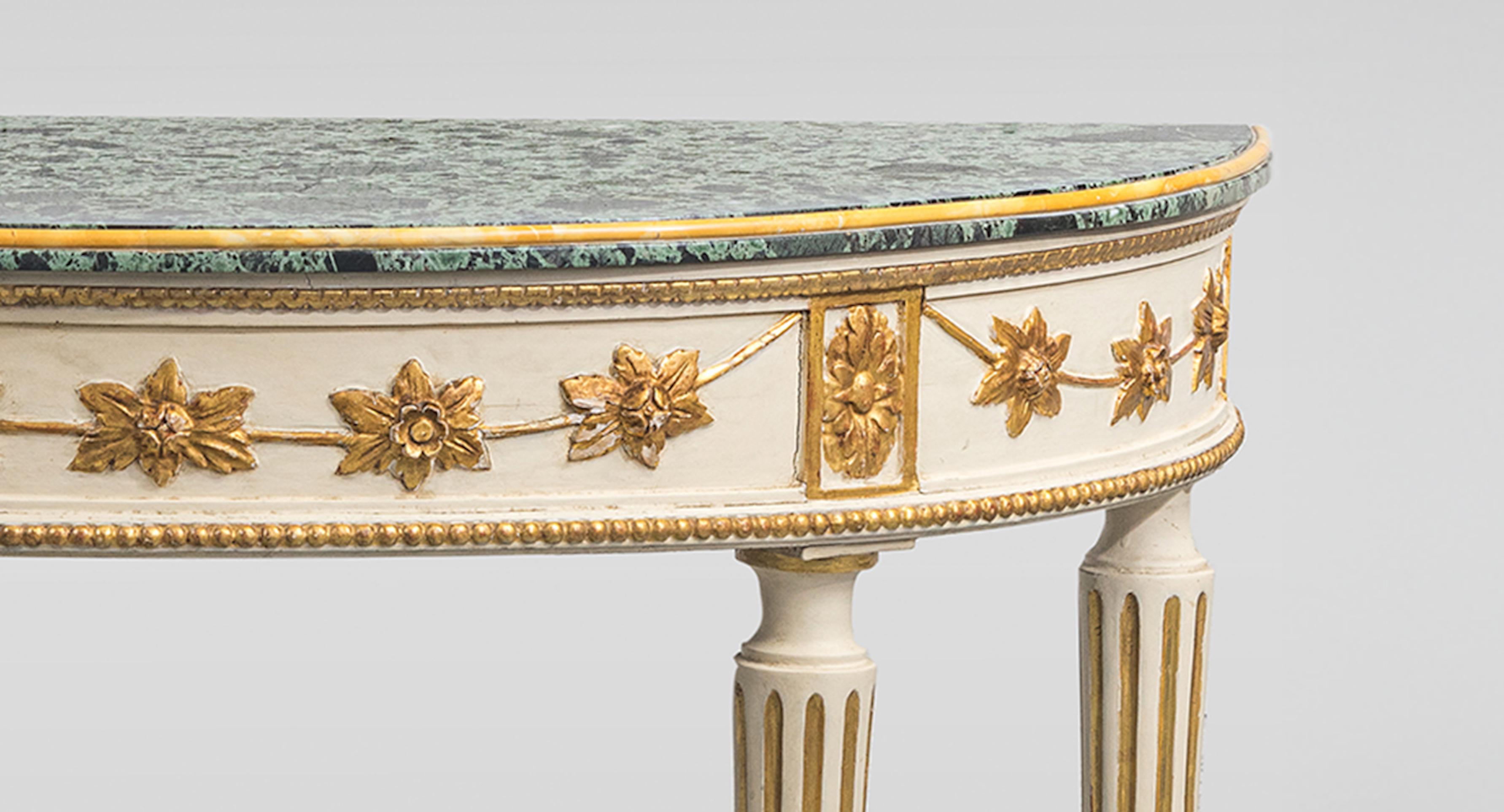 Wood Italian half-moon console table and  mirror. Nineteen Century For Sale