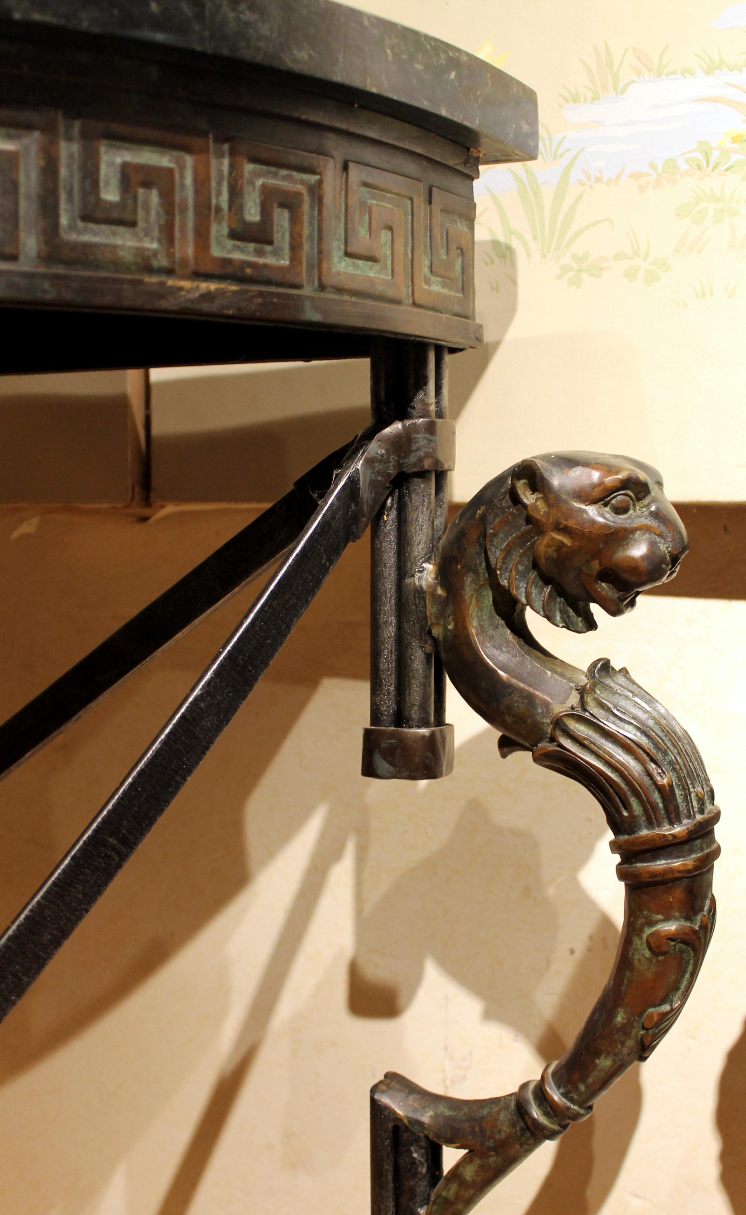 Italian Half Moon Design Wrought Iron Console Tables with Griffin and Marble Top 2